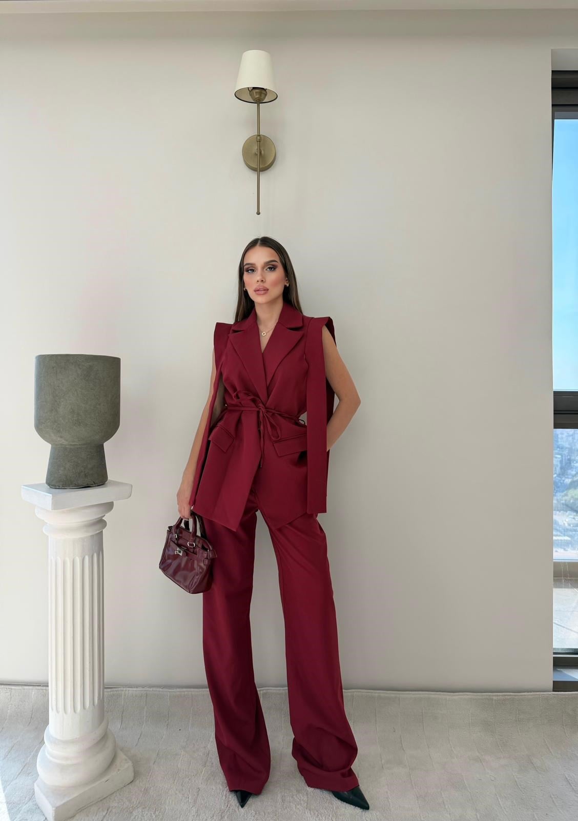 Sıfır Kol Omuz Sacaklı Belden Bağlamalı Yelek Ve Pantolonlu Double Kumaş İkili Takım Bordo 2078