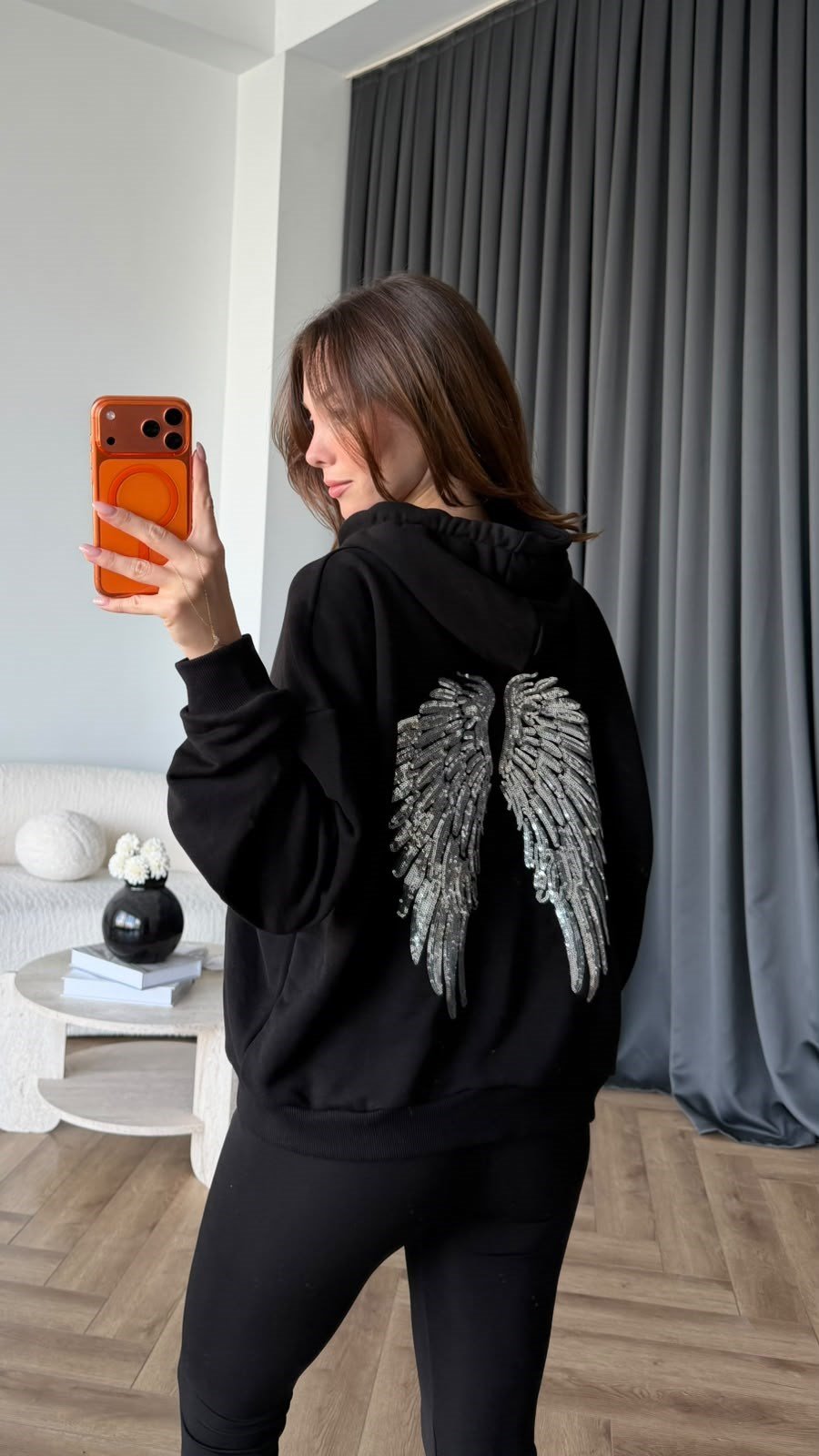 Sırt Nakiş Detay Kapişonlu Sweat Siyah 2456