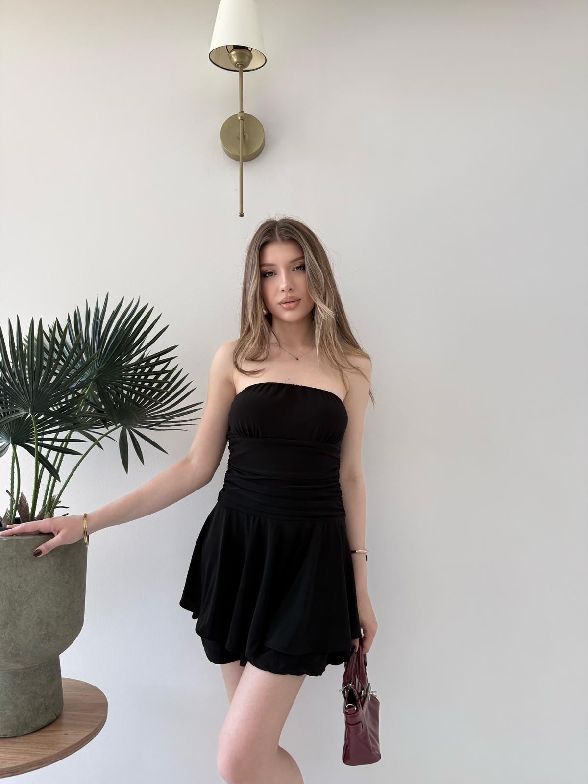 Straplez Bel Drape Detay İç Astarlı Şortlu Sandy Elbise Siyah 2294