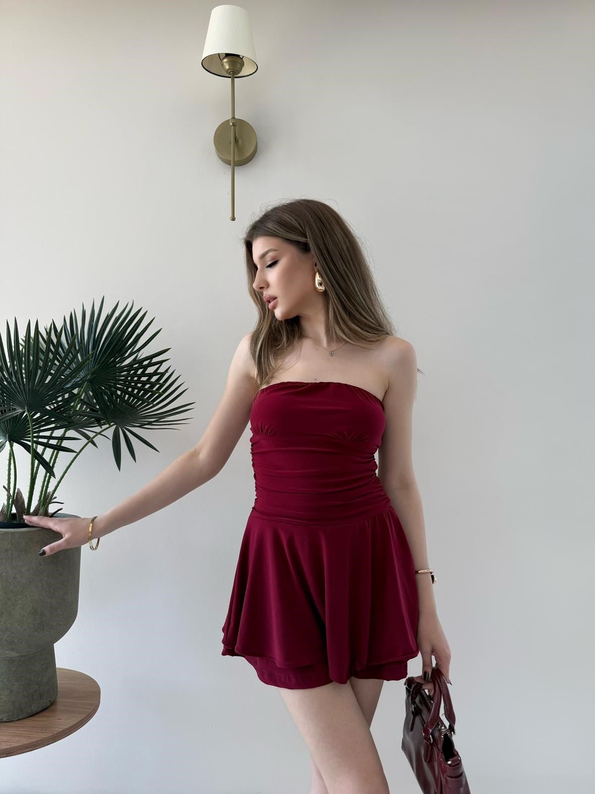 Straplez Bel Drape Detay İç Astarlı Şortlu Sandy Elbise Bordo 2294