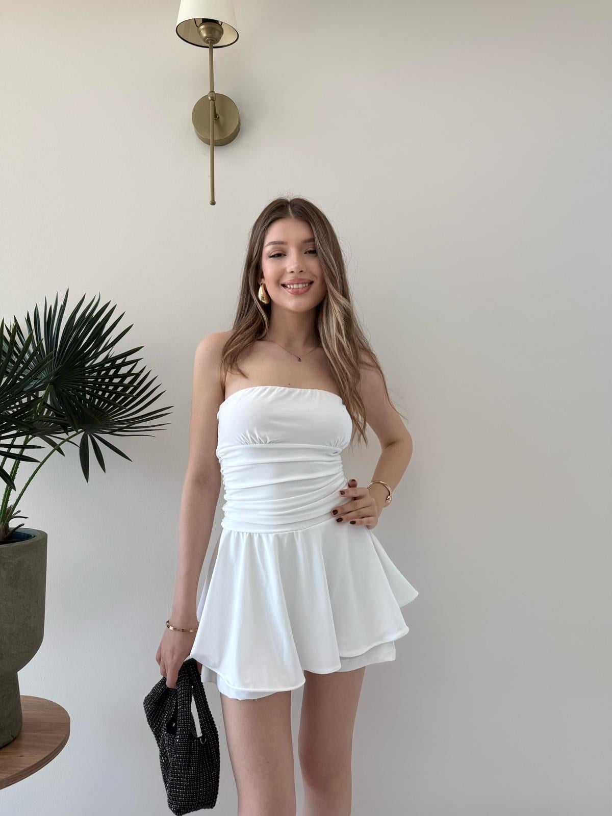 Straplez Bel Drape Detay İç Astarlı Şortlu Sandy Elbise Beyaz 2294