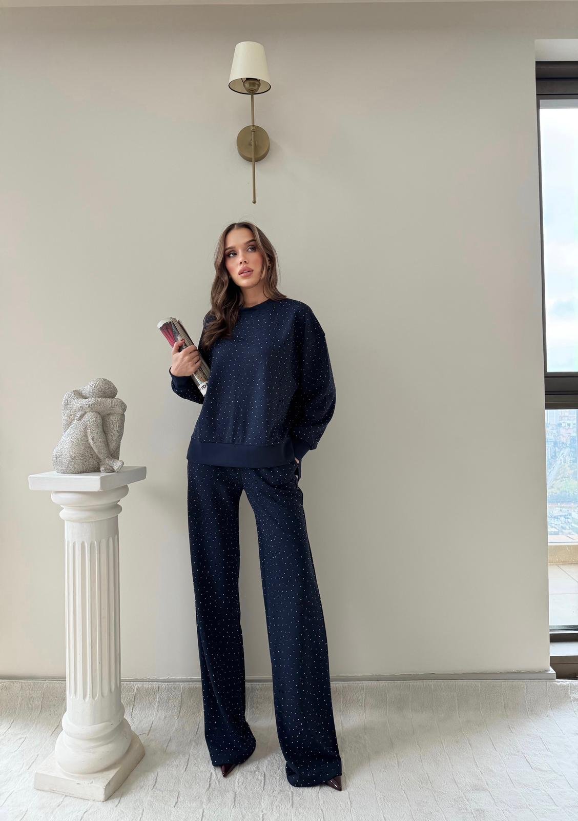 TAŞLI OVERSİZE SWEAT VE PANTOLONLU MODAL İKİLİ TAKIM LACİVERT