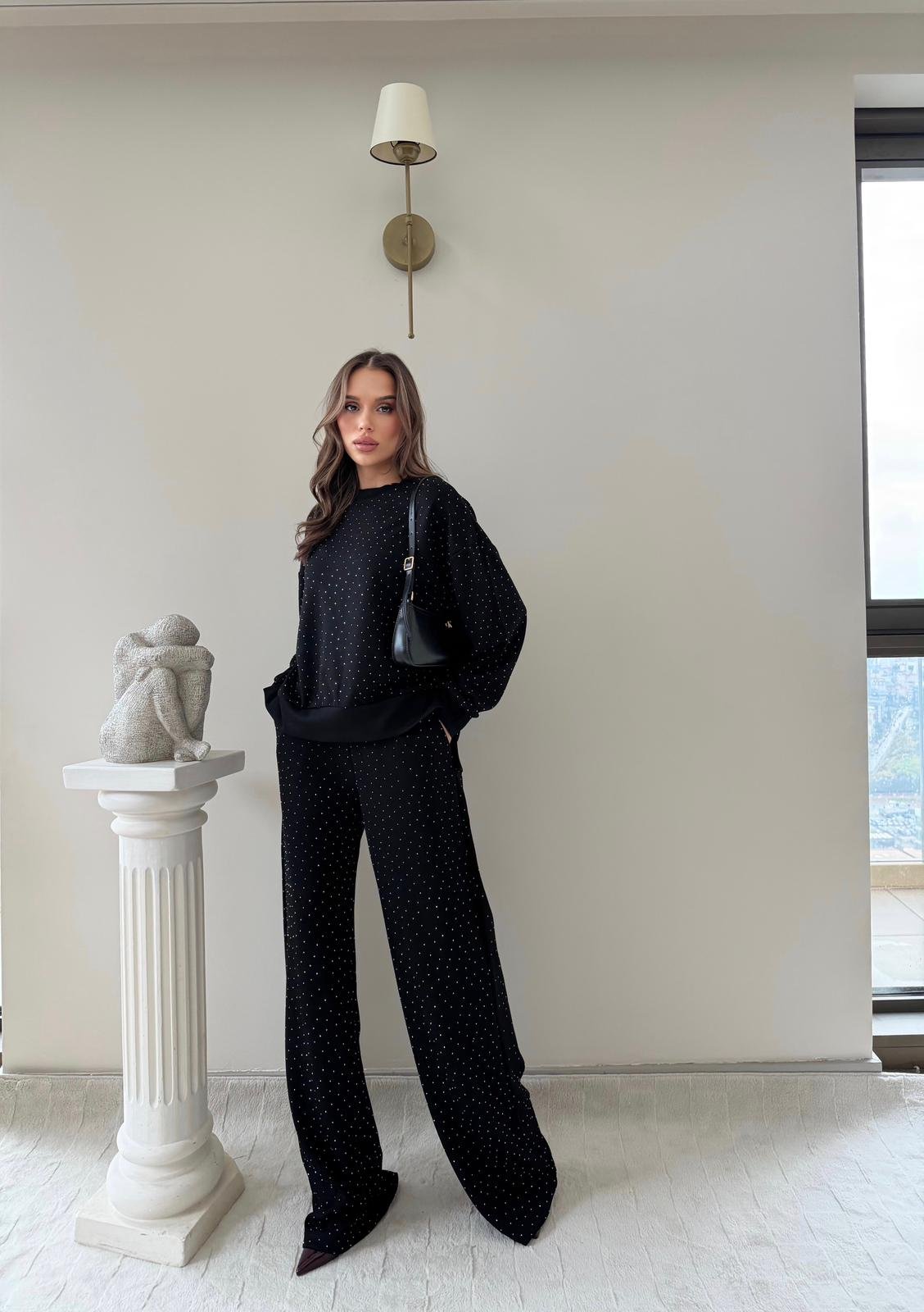 TAŞLI OVERSİZE SWEAT VE PANTOLONLU MODAL İKİLİ TAKIM SİYAH