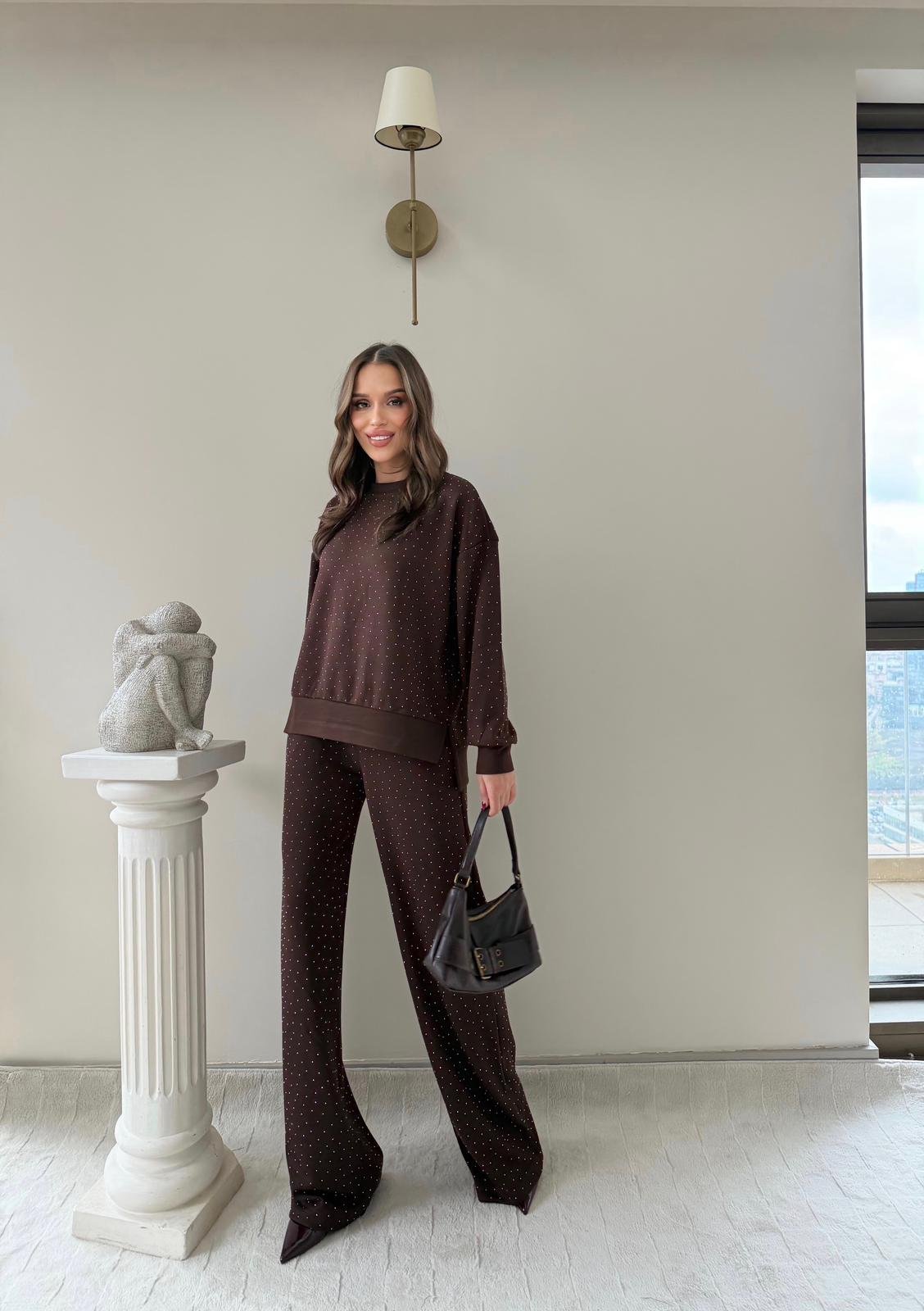 TAŞLI OVERSİZE SWEAT VE PANTOLONLU MODAL İKİLİ TAKIM KAHVE