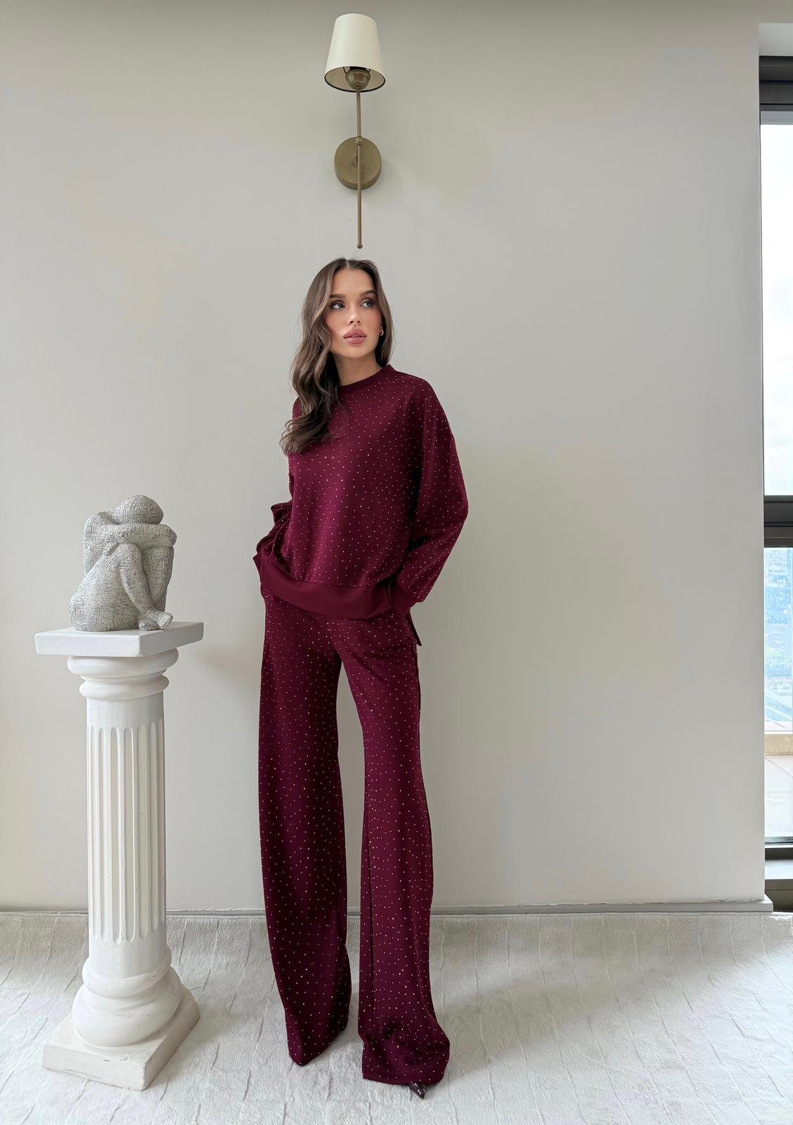 TAŞLI OVERSİZE SWEAT VE PANTOLONLU MODAL İKİLİ TAKIM BORDO