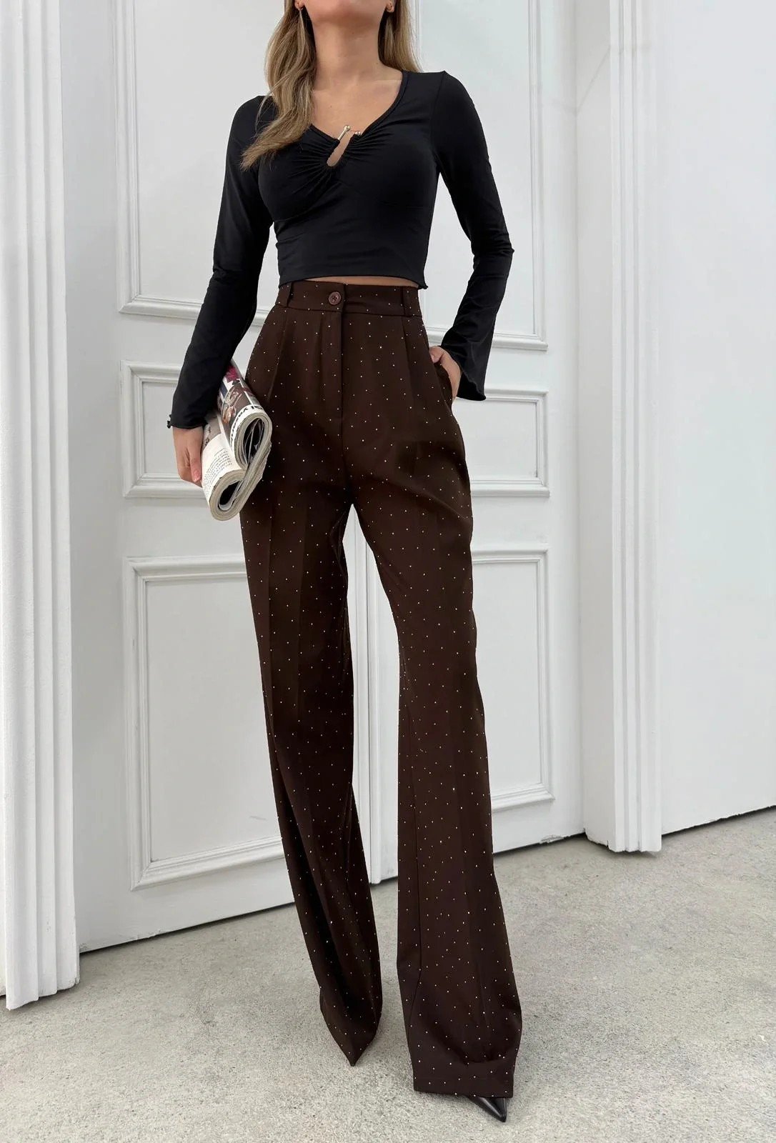 TAŞLI YÜKSEK BEL PALAZZO PANTOLON KAHVE
