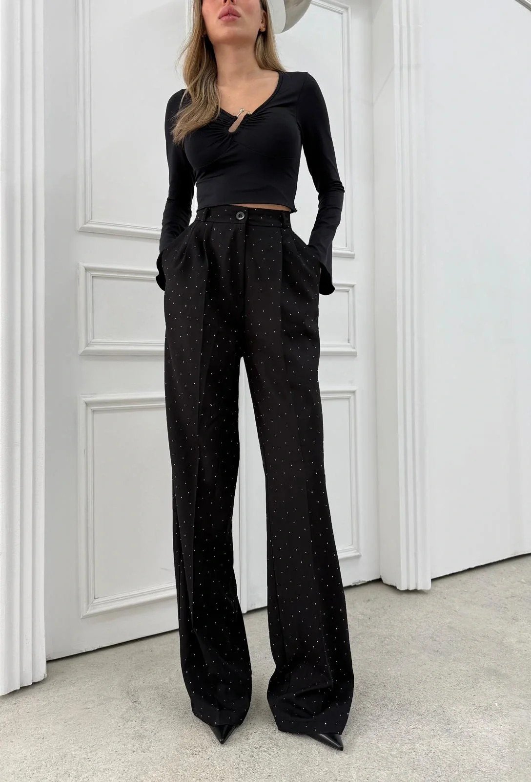 TAŞLI YÜKSEK BEL PALAZZO PANTOLON SİYAH