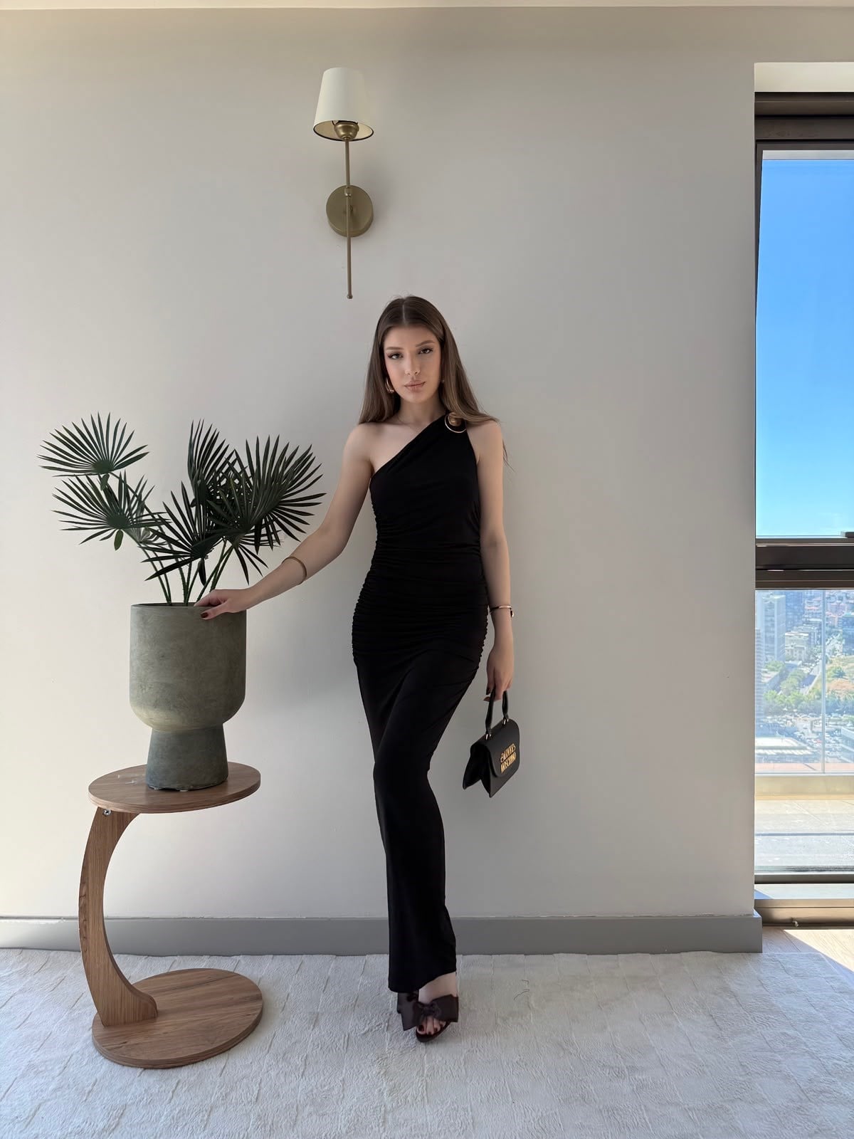 Tek Omuz Drape Aksesuar Detay Sandy Elbise Siyah 2324