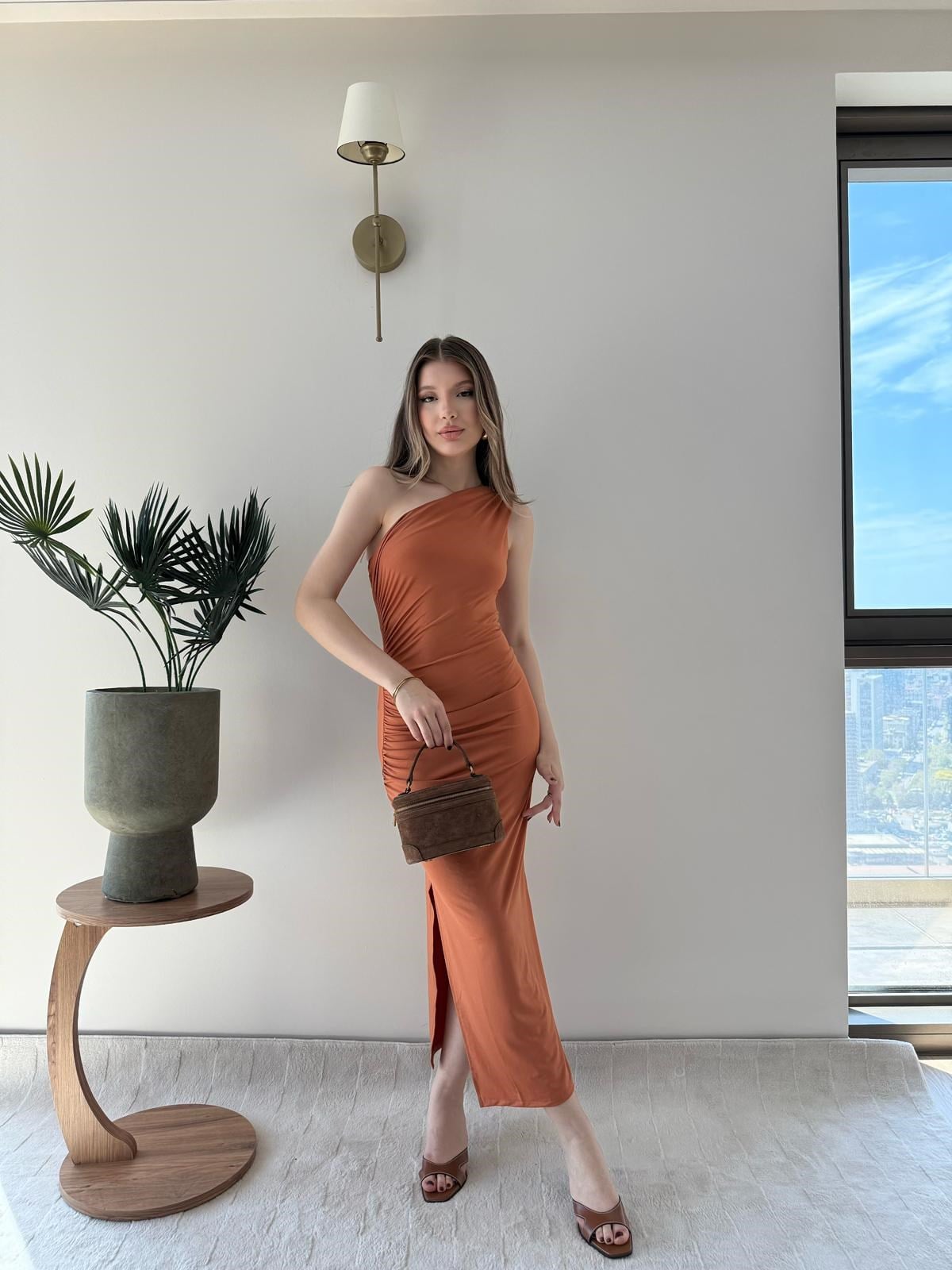 Tek Omuz Drape ve Yırtmaç Detay Sandy Elbise Turuncu 2187