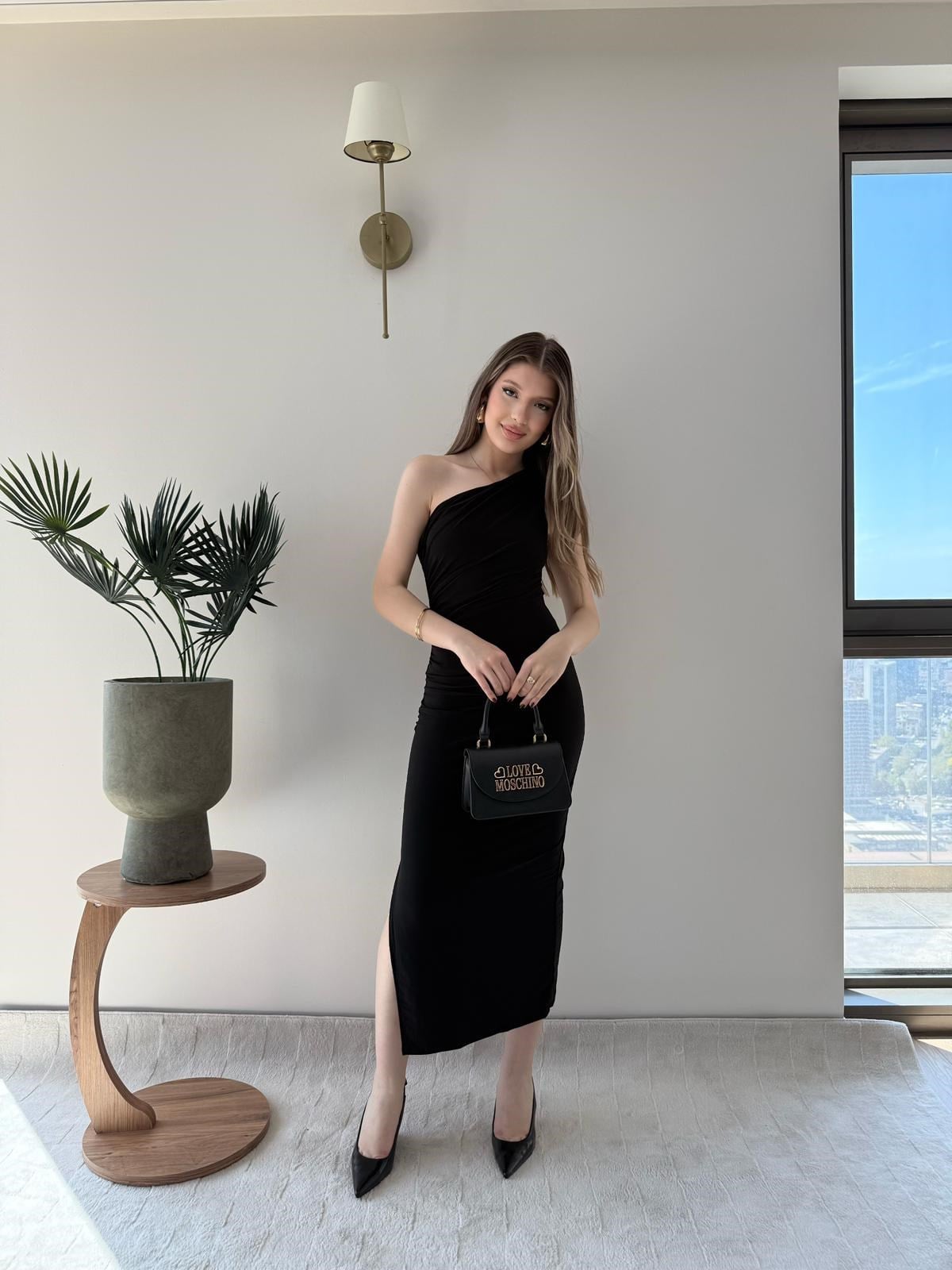 Tek Omuz Drape ve Yırtmaç Detay Sandy Elbise Siyah 2187