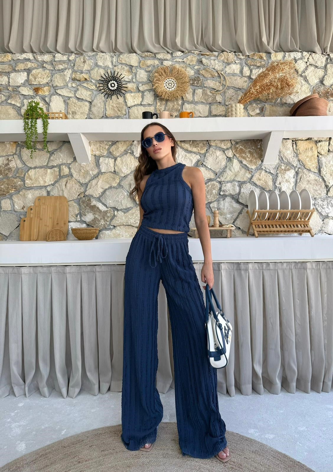 Ters Dikiş Detay Halter Bluz ve Pantolonlu Gofre İkili Takım Mavi 2098