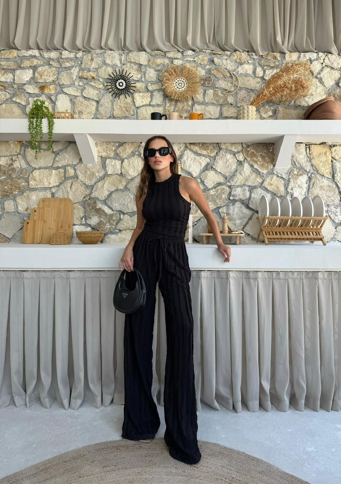 Ters Dikiş Detay Halter Bluz ve Pantolonlu Gofre İkili Takım Siyah 2098