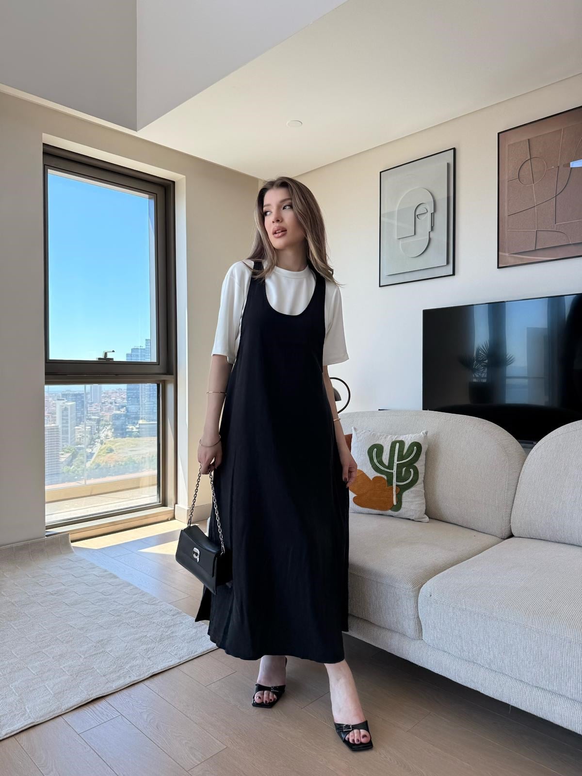 Tişört ve Askılı Salaş Modal Elbise Siyah 2281