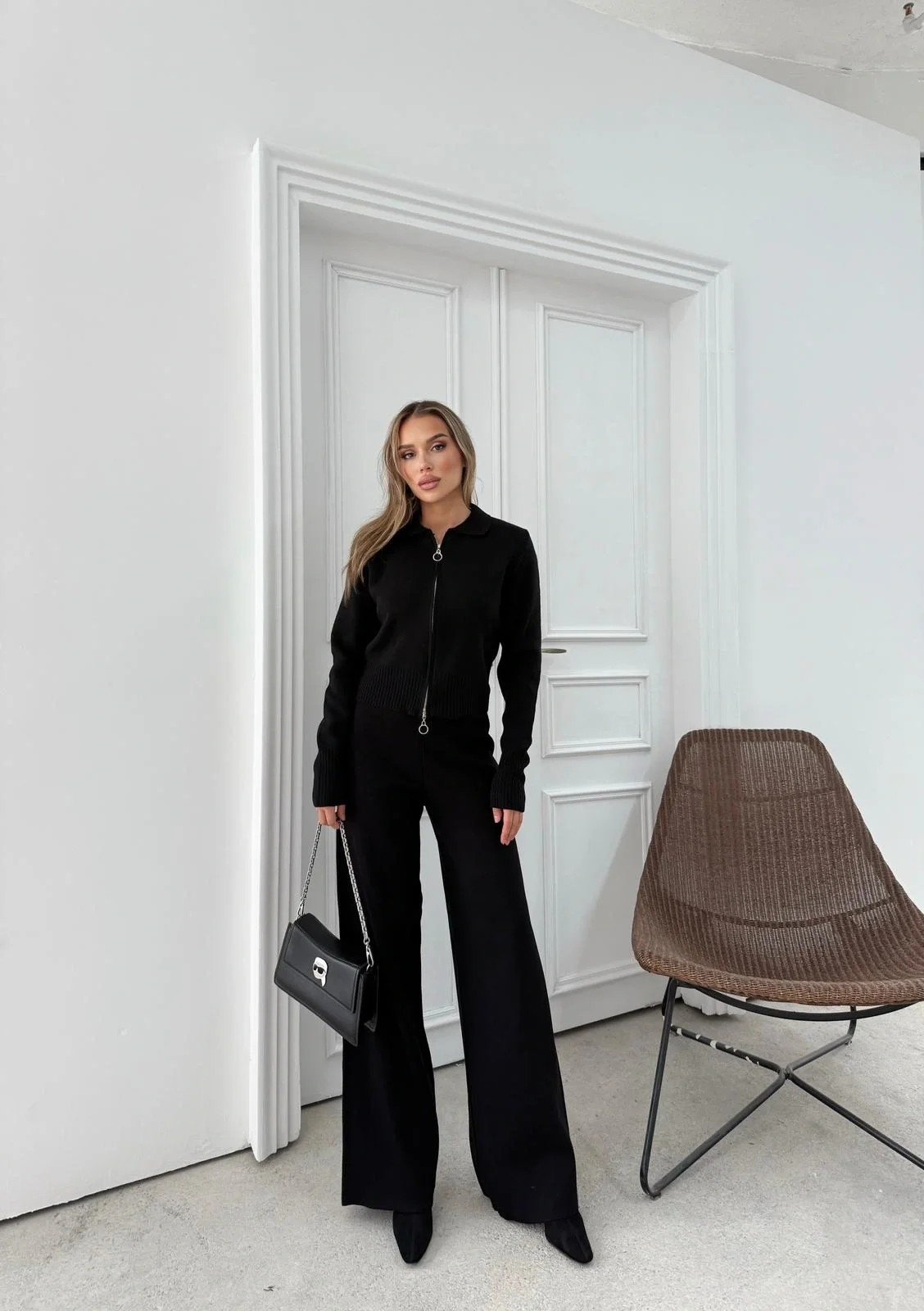 TRİKO ÇİFT FERMUAR PARMAK GEÇME DETAY KAZAK VE PANTOLONLU İKİLİ TAKIM SİYAH