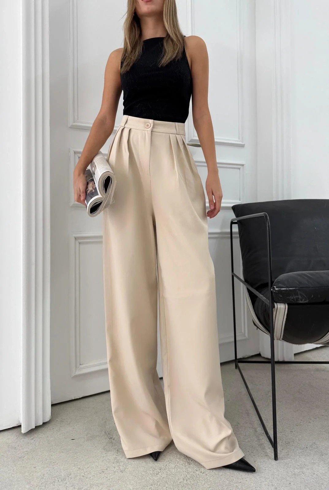 ÜÇ PİLELİ YÜKSEK BEL PALAZZO PANTOLON KREM