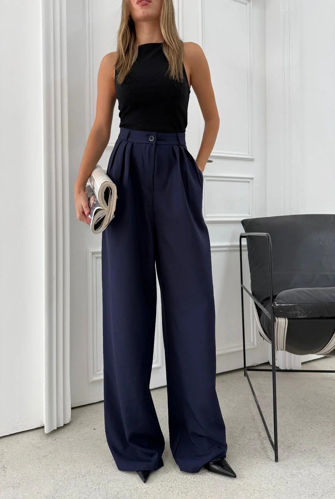 ÜÇ PİLELİ YÜKSEK BEL PALAZZO PANTOLON LACİVERT