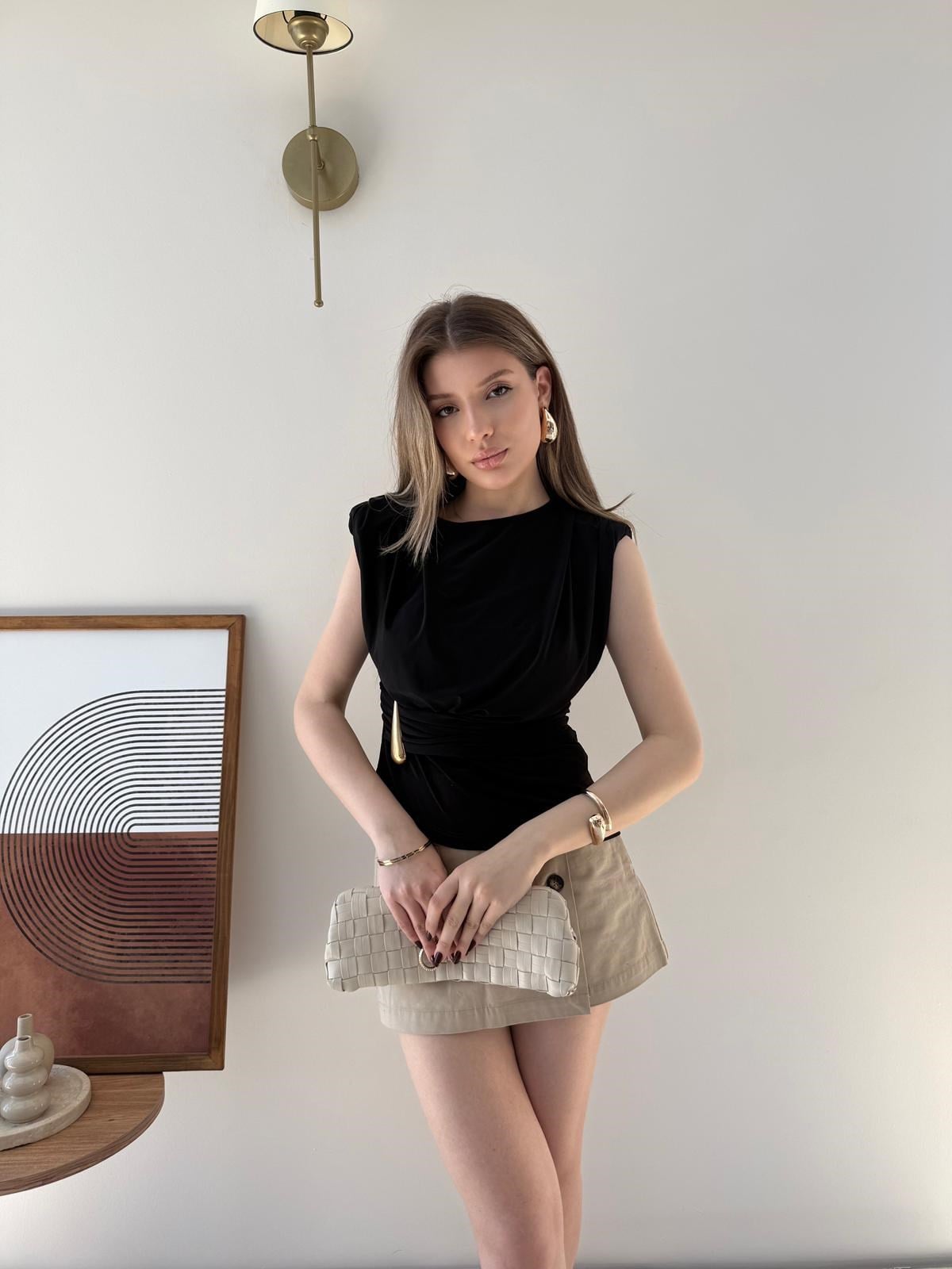 Vatkalı Bel Drape Aksesuar Detay Sandy Bluz Siyah 2303