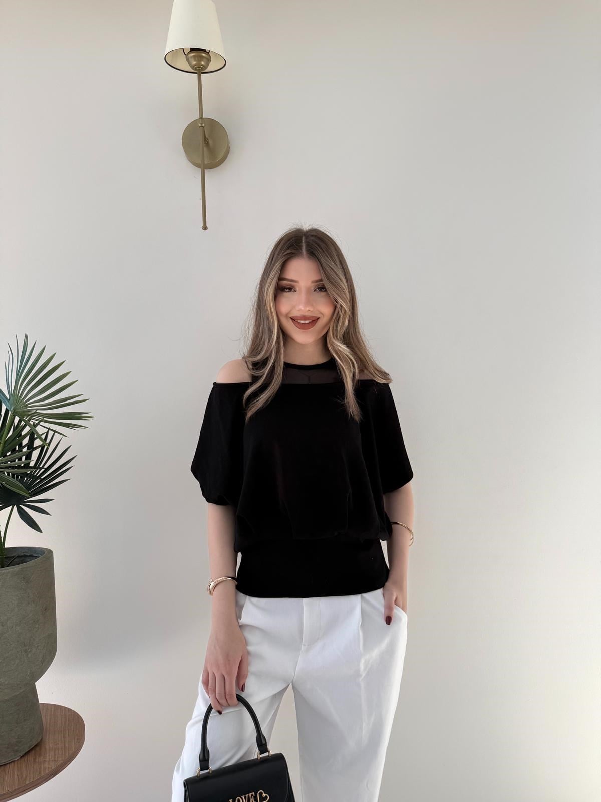 Yaka Detay Bel Drape Modal Tişört Siyah 2252
