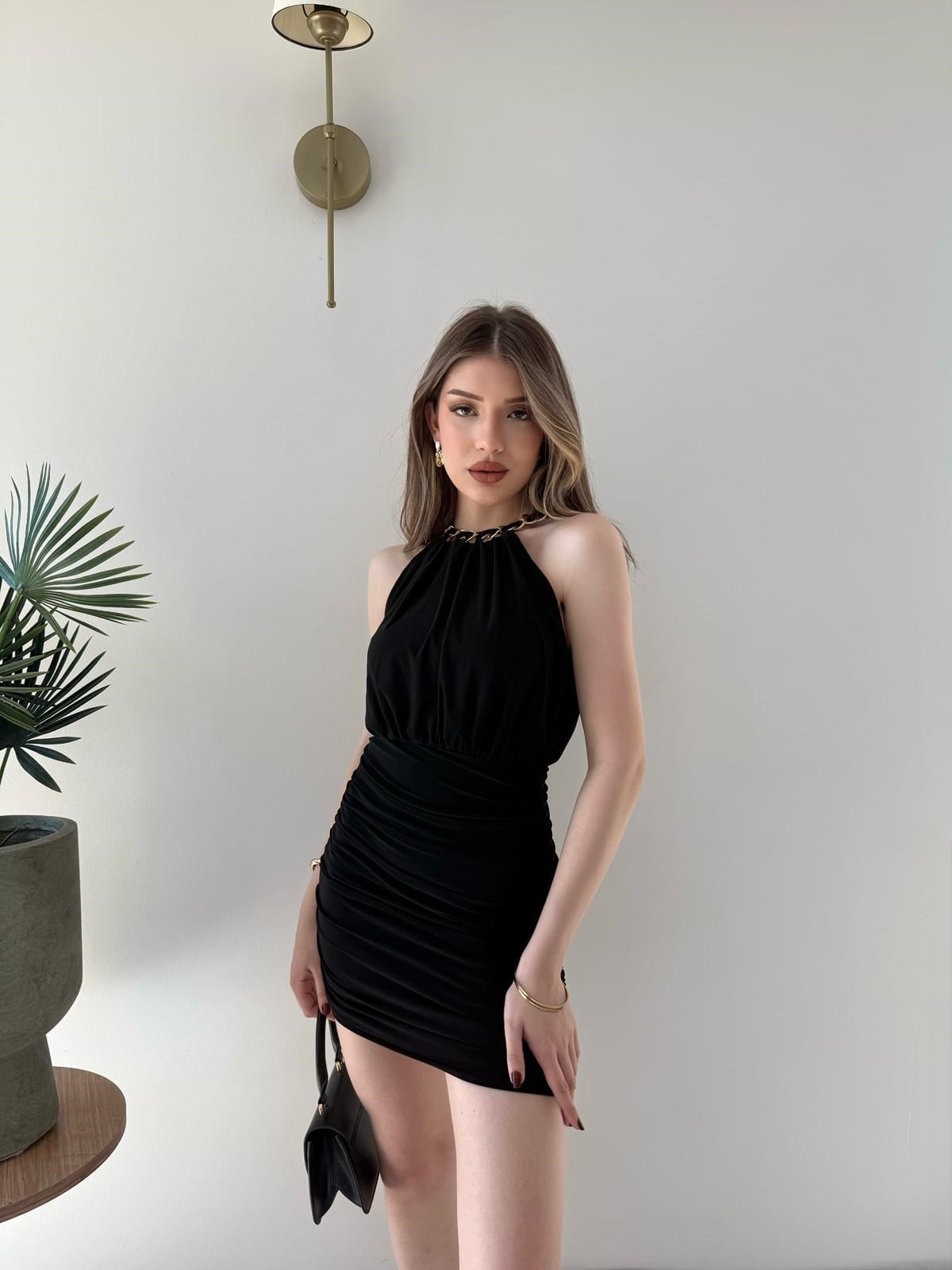 Yaka Zincir Detay Bel Drape Sandy Mini Elbise Siyah 2260