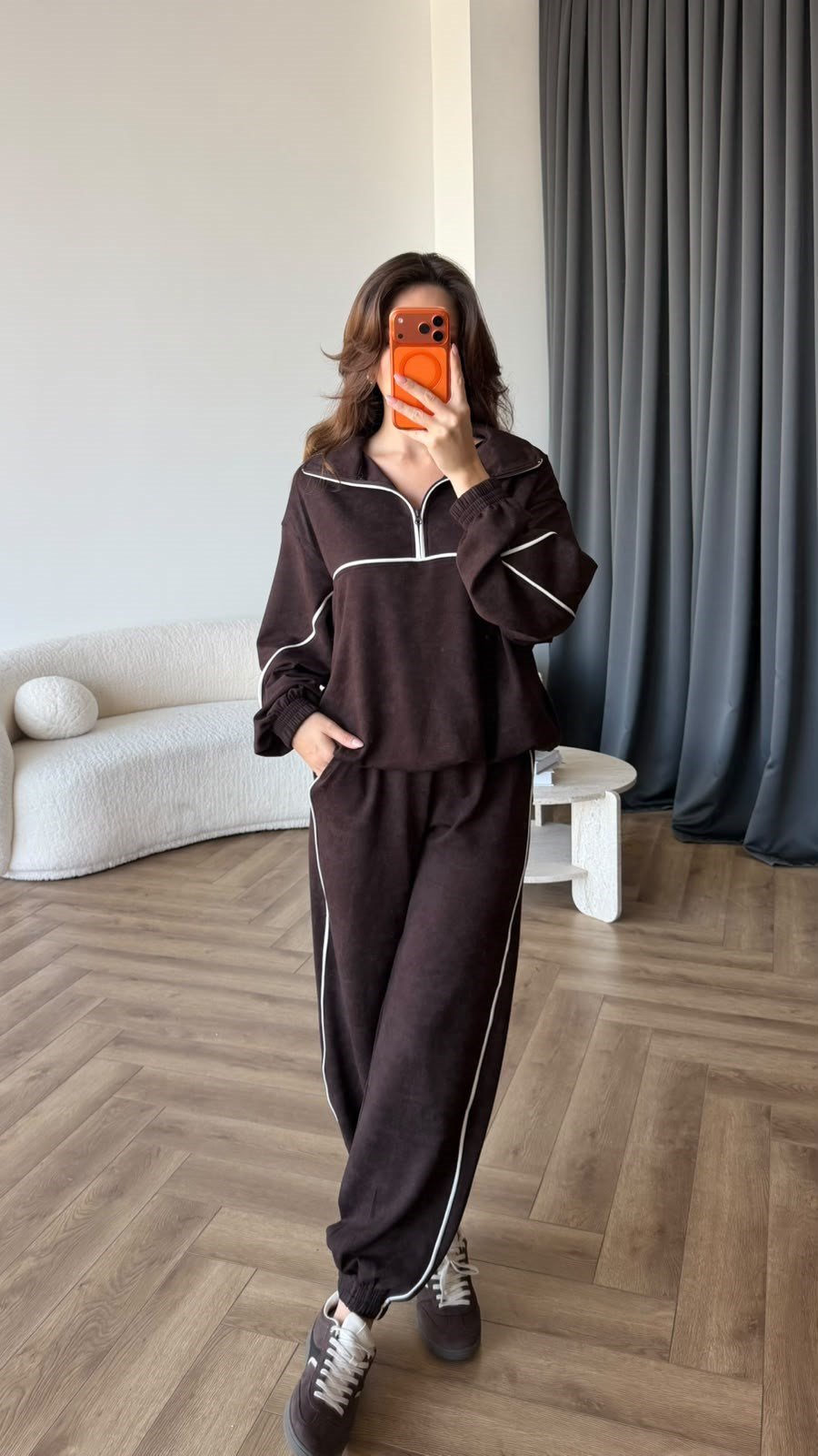 Yarım Fermuar Biye Detay Sweat ve Pantolonlu Modal İkili Takım Acı Kahve 2431