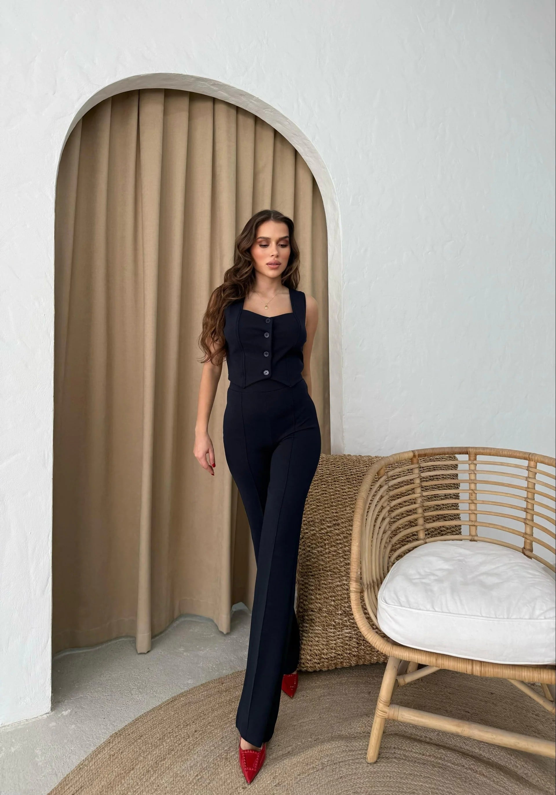 YELEK VE PANTOLONLU CREP İKİLİ TAKIM LACİVERT