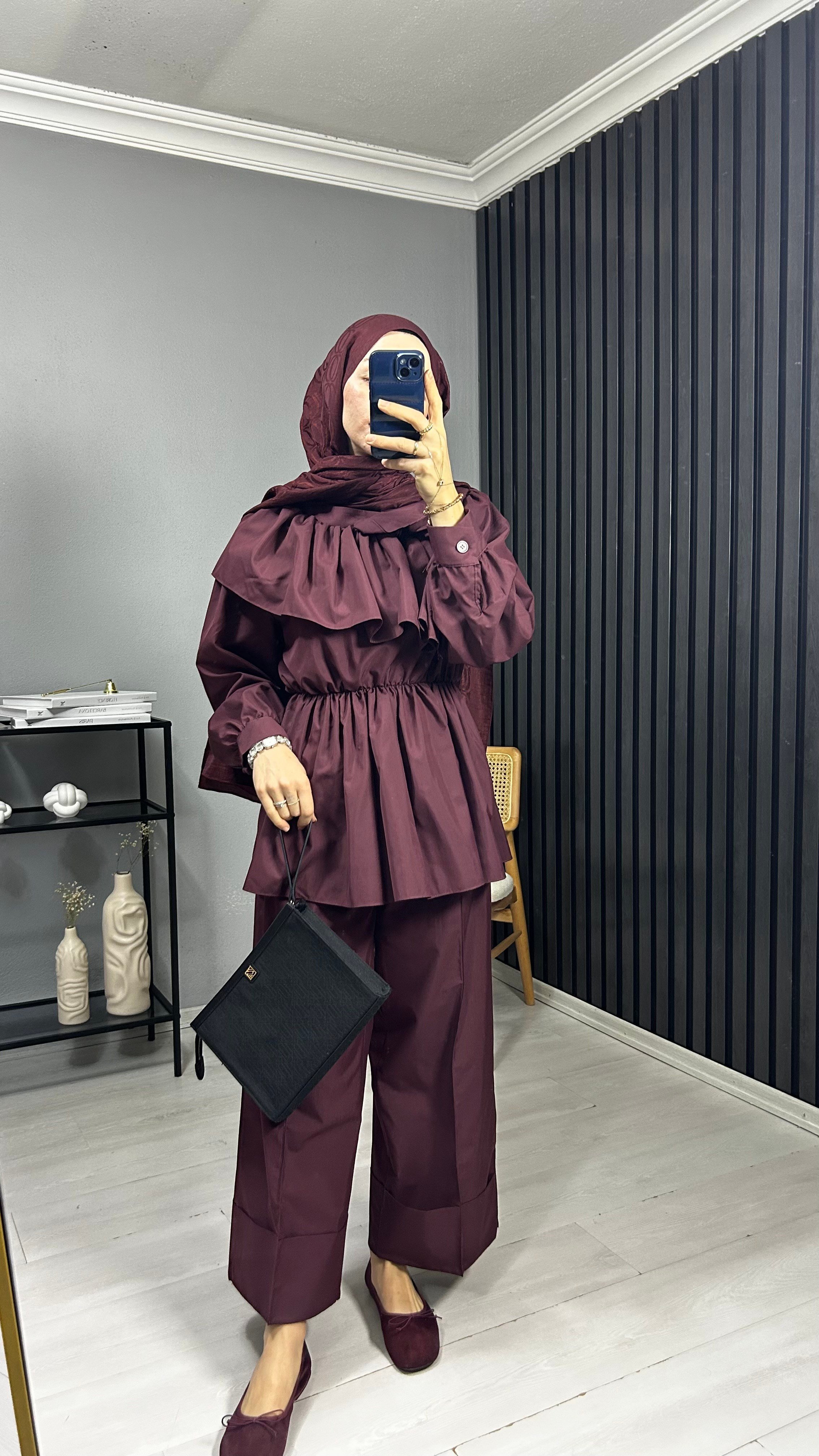 Fırfırlı Pantolon Takım Bordo 