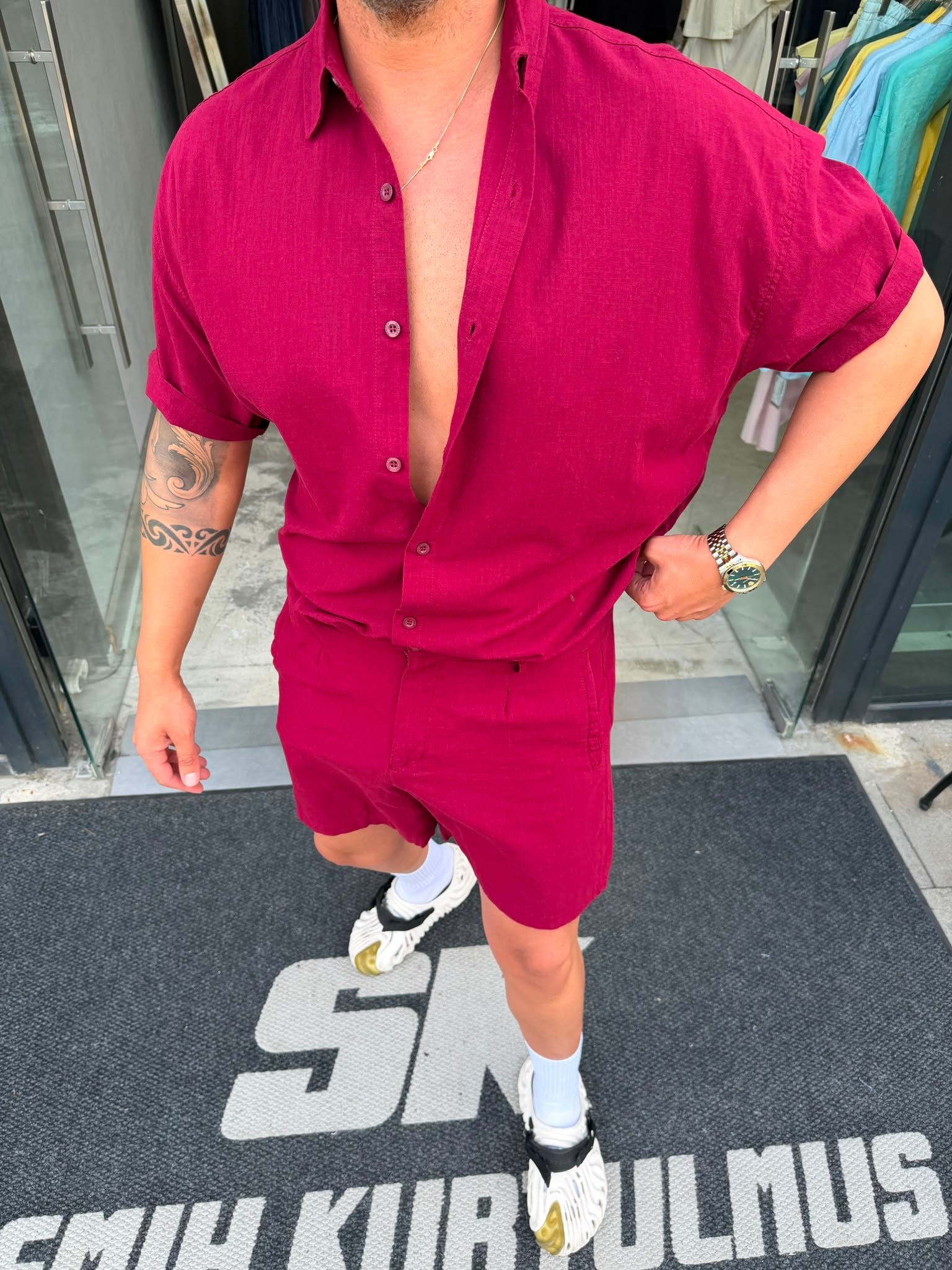 Bordo SNZ Box-Fit Keten Şortlu Takım
