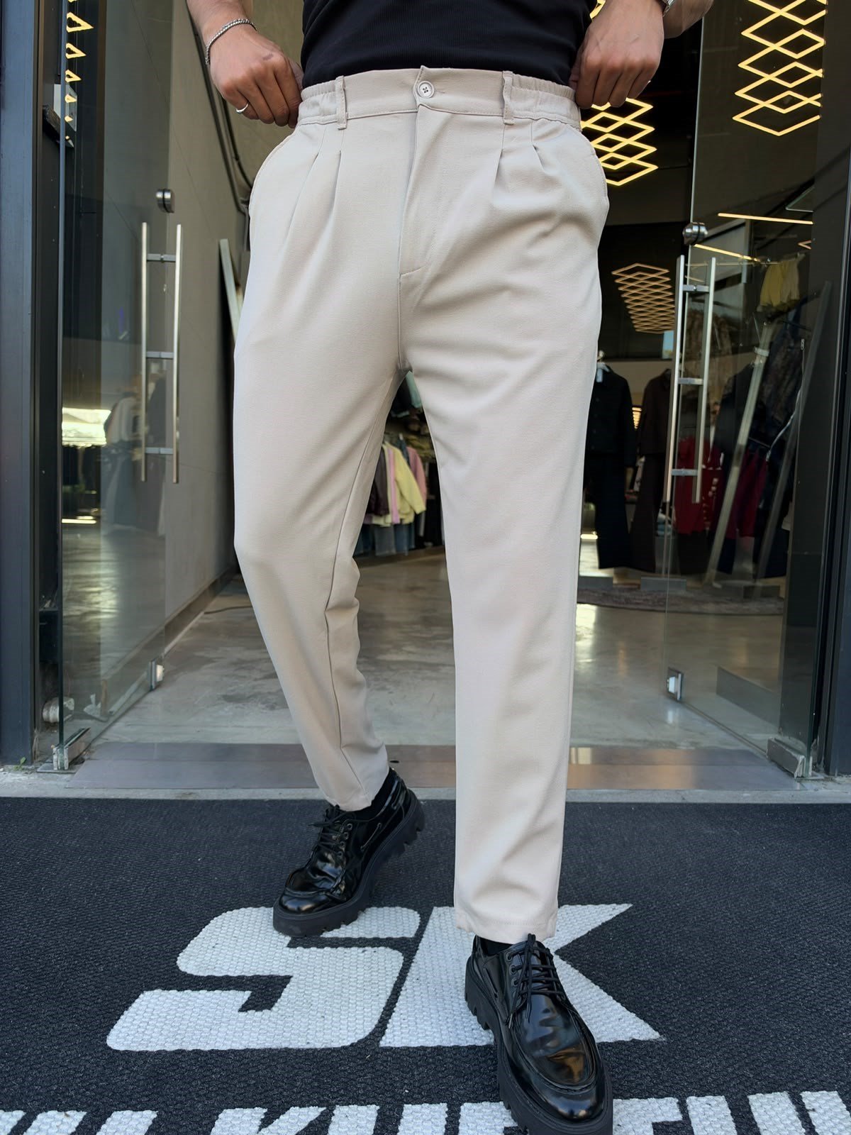 Krem Çift Pile Bel Lastik Pantolon KP15