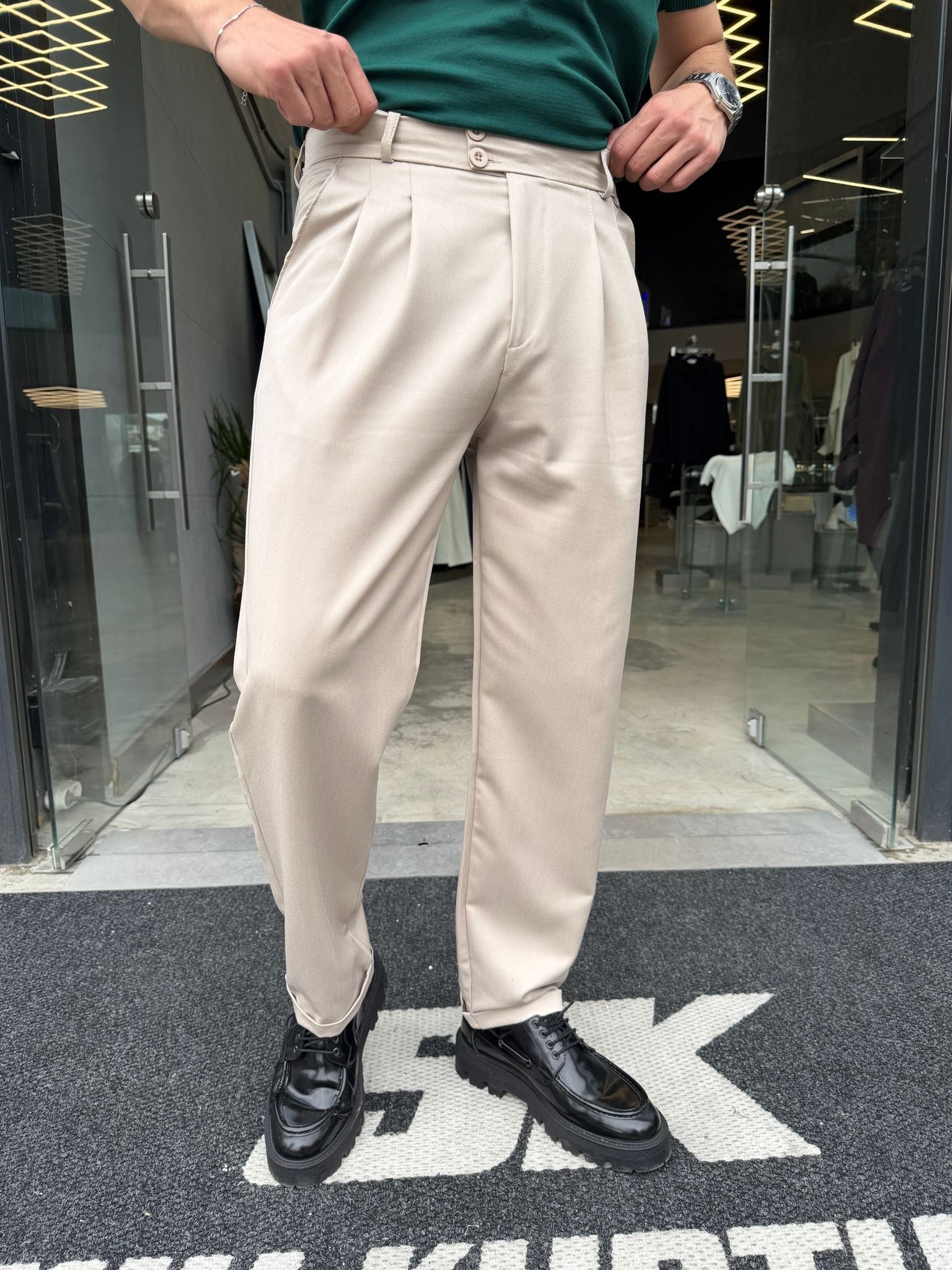 Krem Double Paça Premium Kalite Çift Düğmeli Pantolon -RT4017