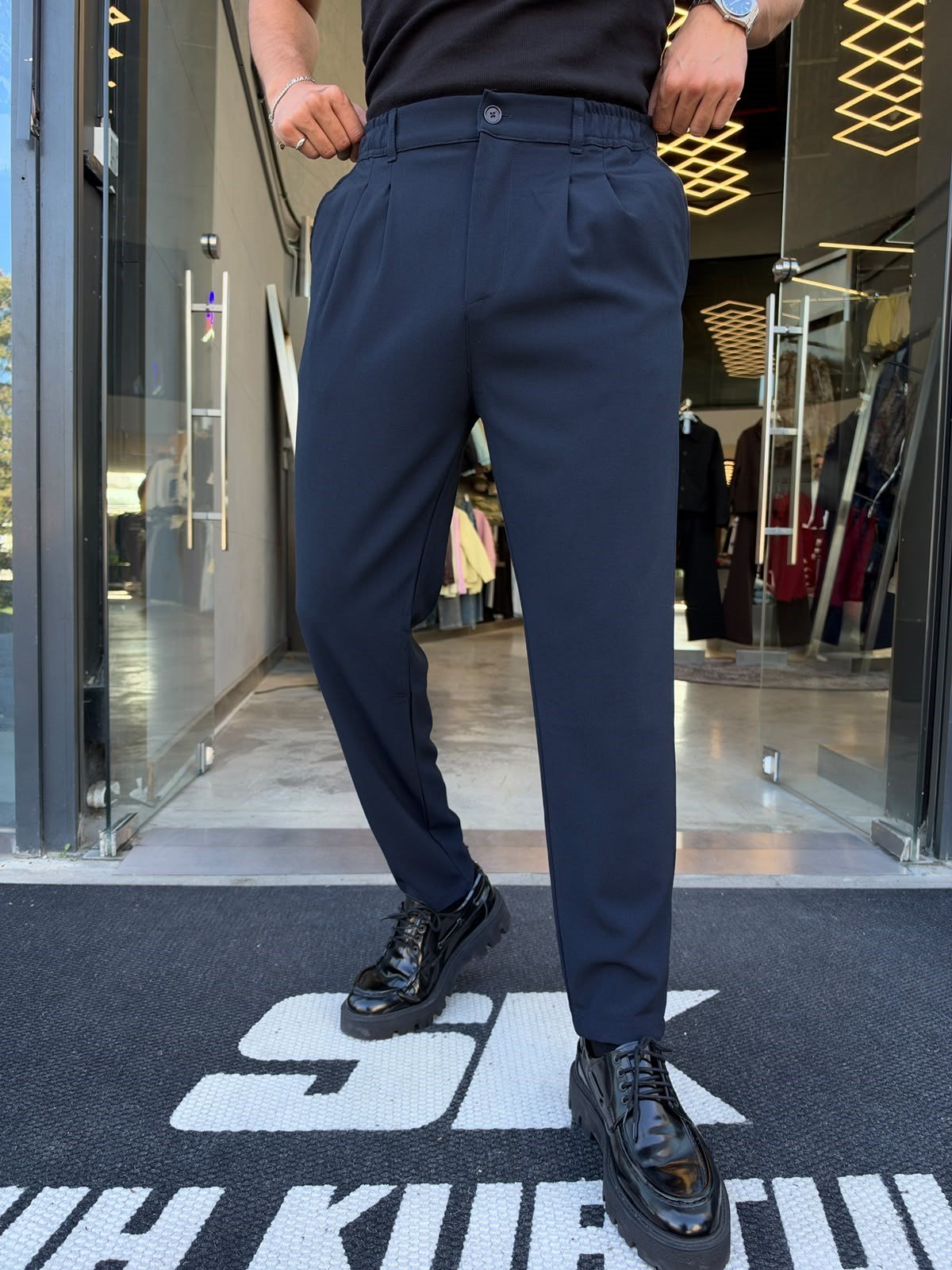 Lacivert Çift Pile Bel Lastik Pantolon KP15