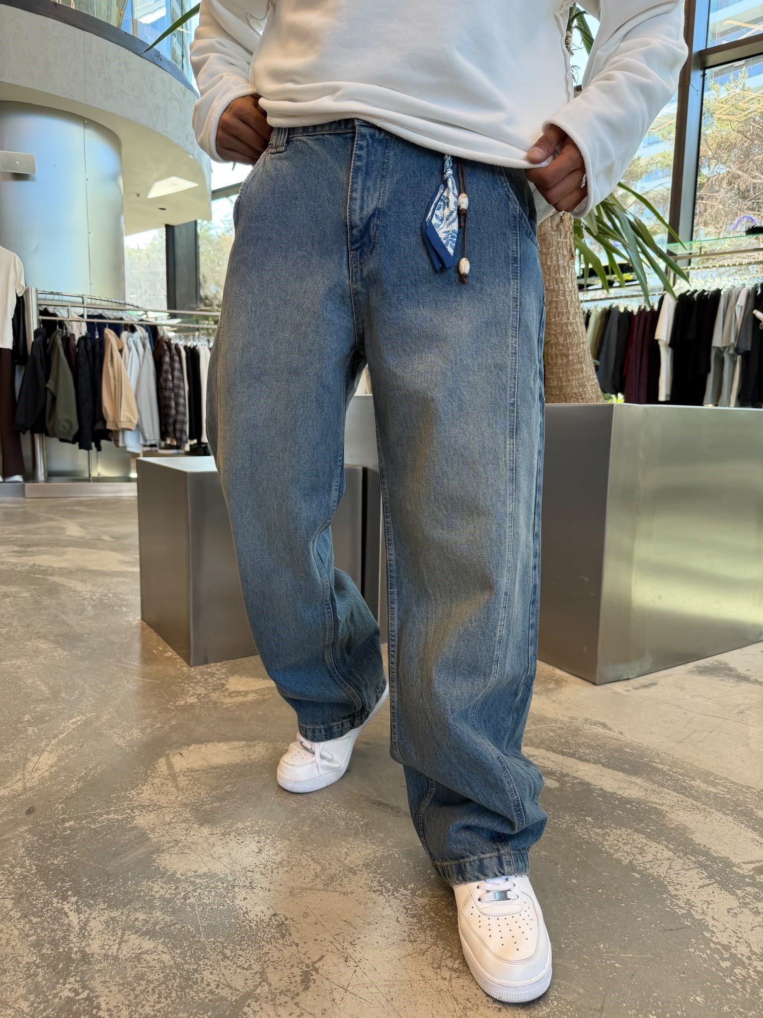 Lacivert Extra Super Baggy Parçalı Kot Pantolon WE2854