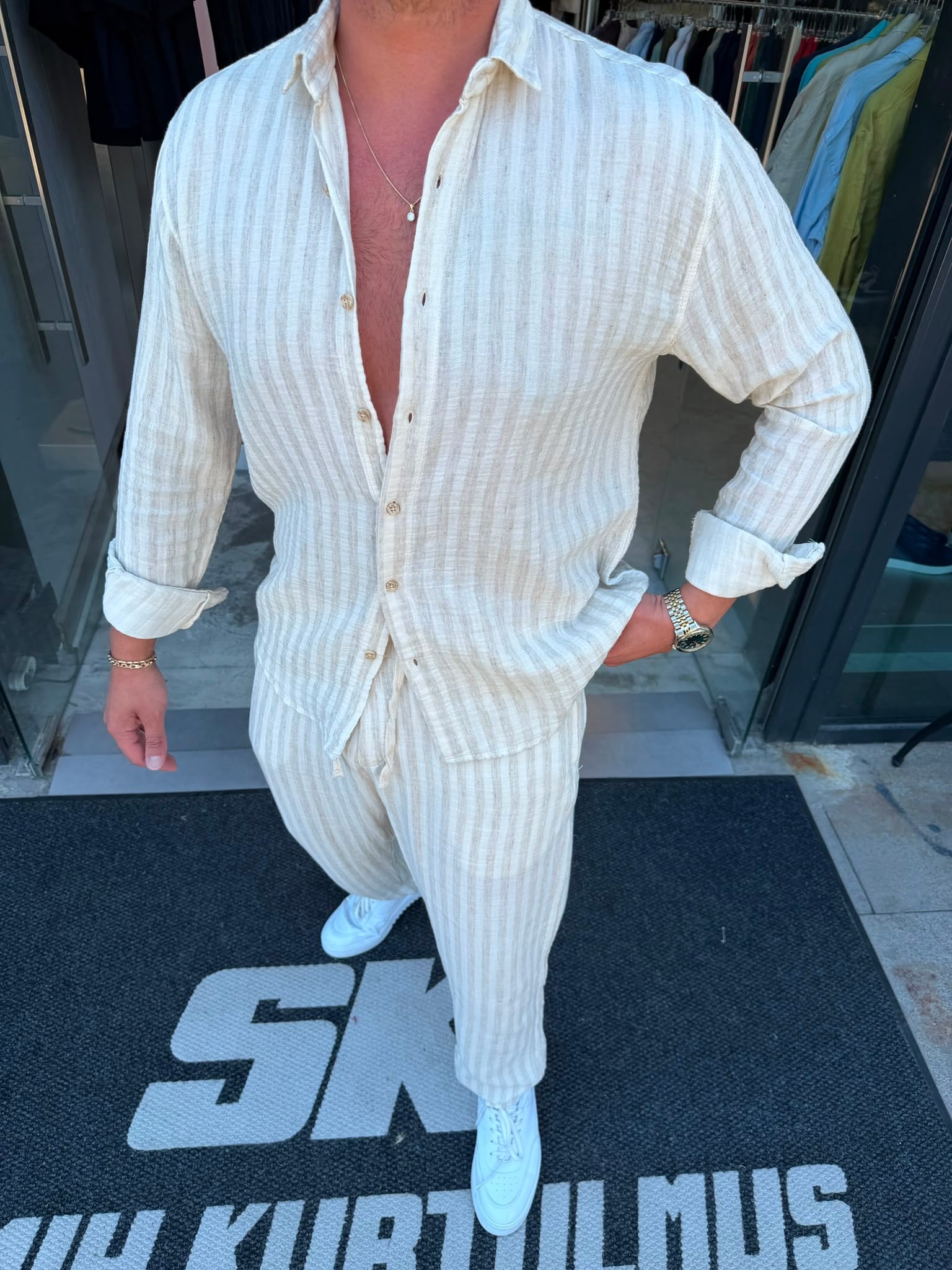 Linen Kumaş Kendinden Çizgi Detaylı Takım MRK2544