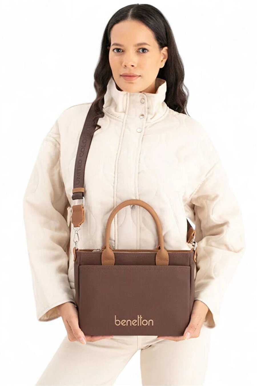Benetton Logo Detaylı Kadın El Çantası Kahve-Camel | BNT-1649