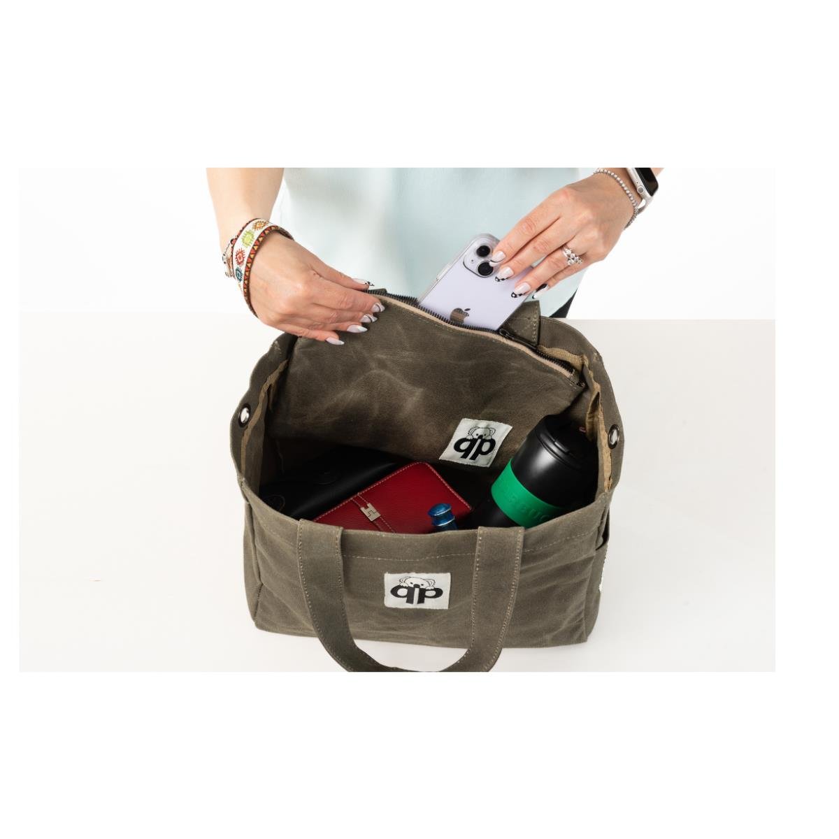 qp Ronda Tote Bag Kadın Haki Mumlu Kanvas El ve Omuz Çantası QP1002-04