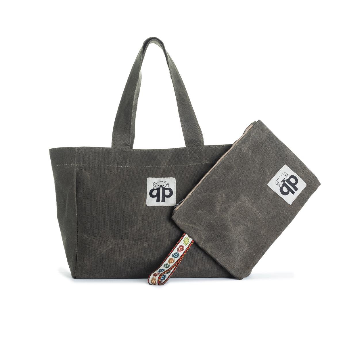 qp Ronda Tote Bag Kadın Haki Mumlu Kanvas El ve Omuz Çantası QP1002-04