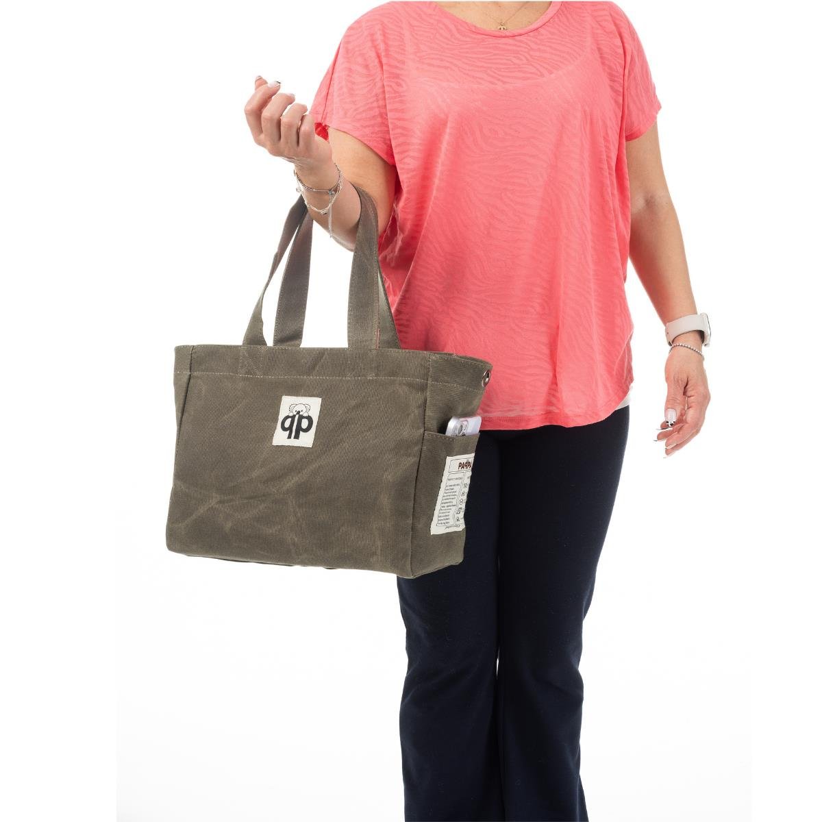 qp Ronda Tote Bag Kadın Haki Mumlu Kanvas El ve Omuz Çantası QP1002-04