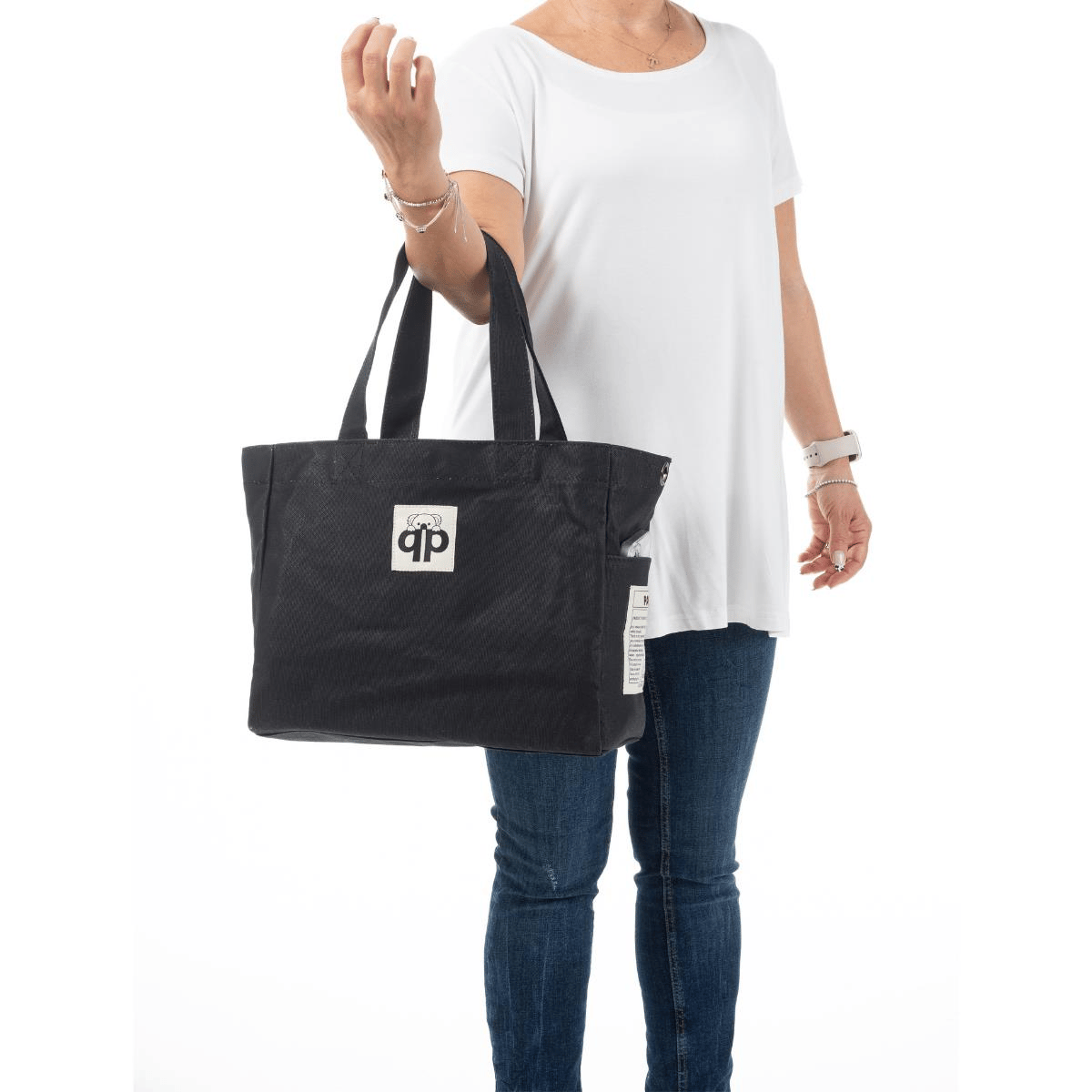 qp Ronda Tote Bag Kadın Siyah Mumlu Kanvas El ve Omuz Çantası QP1002-01