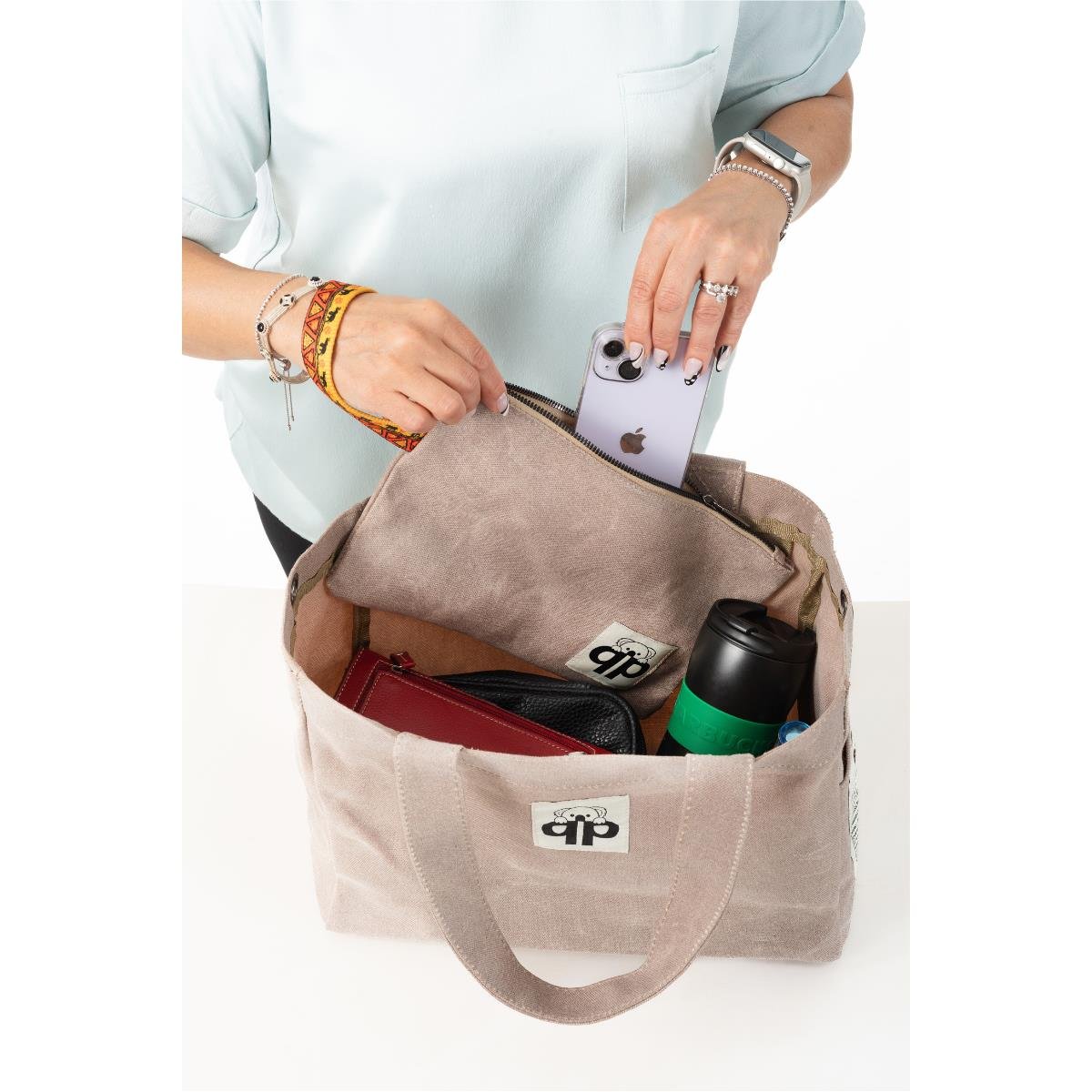qp Ronda Tote Bag Kadın Taş Mumlu Kanvas El ve Omuz Çantası QP1002-02