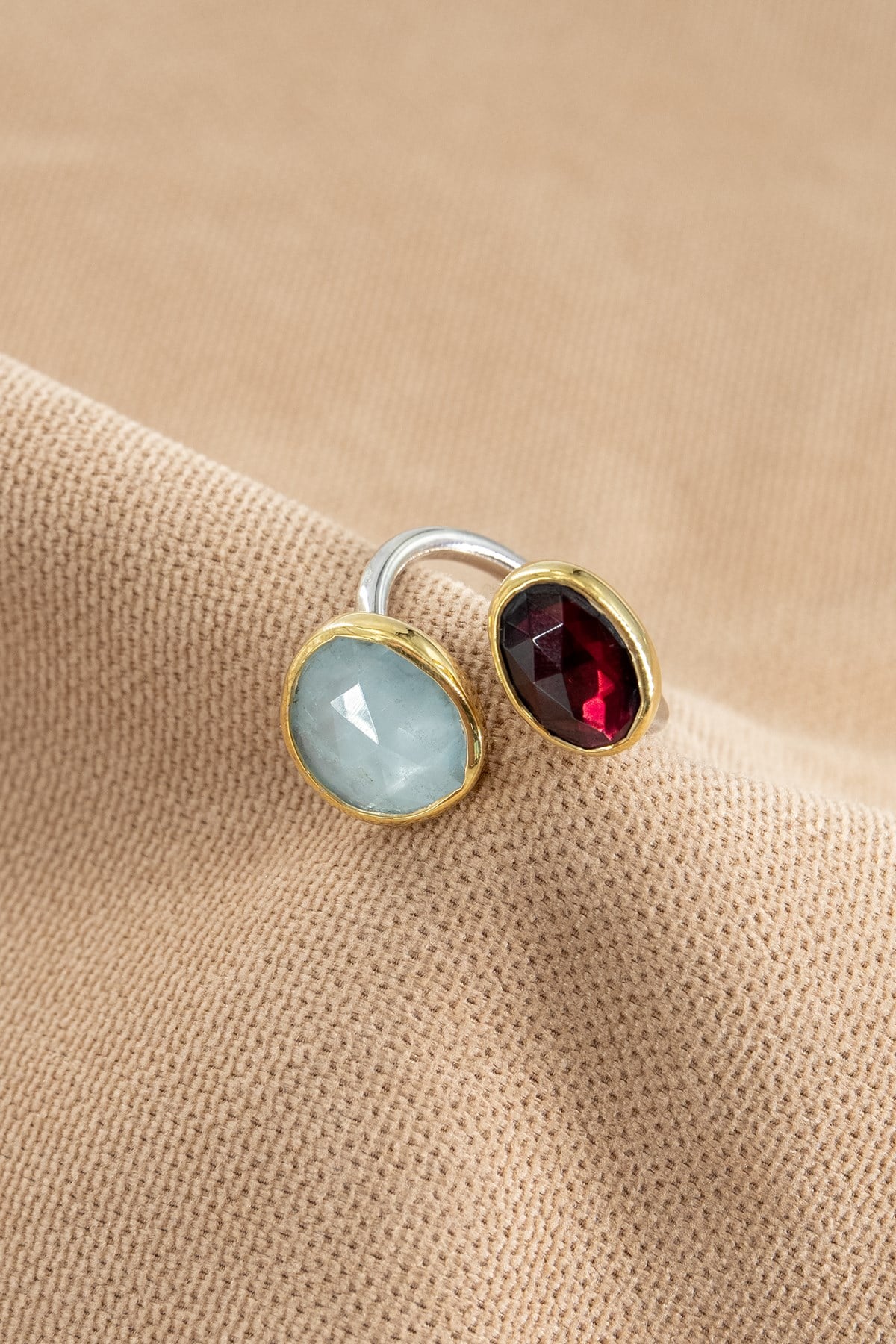 Aquamarine & Garnet Taşlı Gümüş Yüzük