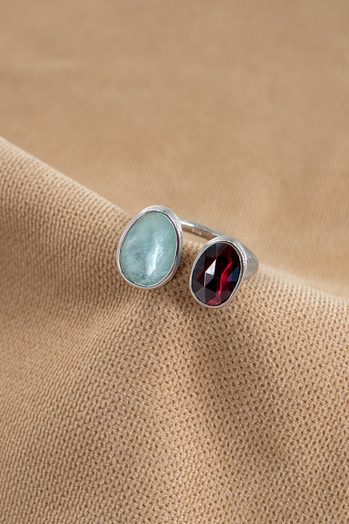 Aquamarine & Garnet Taşlı Gümüş Yüzük