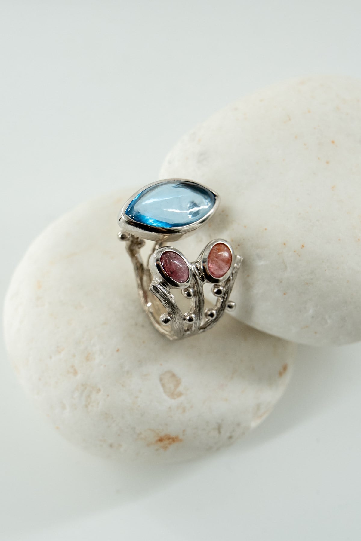 Topazio Blu & Tormalina con Pietra Argento Anello