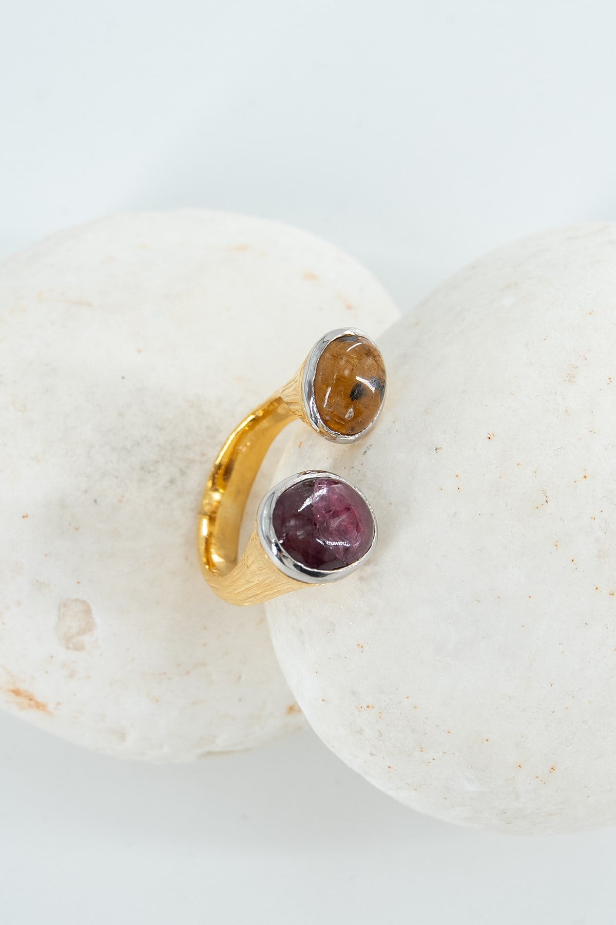 Doppia Pietra Tormalina Oro Placcato Anello