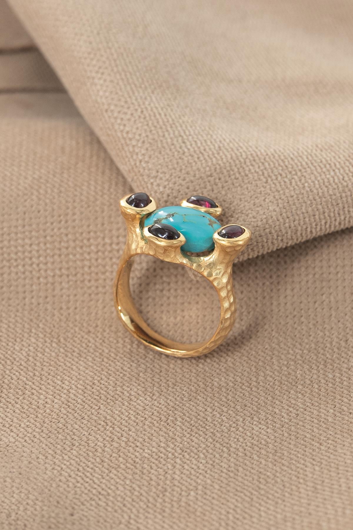 Turchese & Granato con Pietra Argento Anello