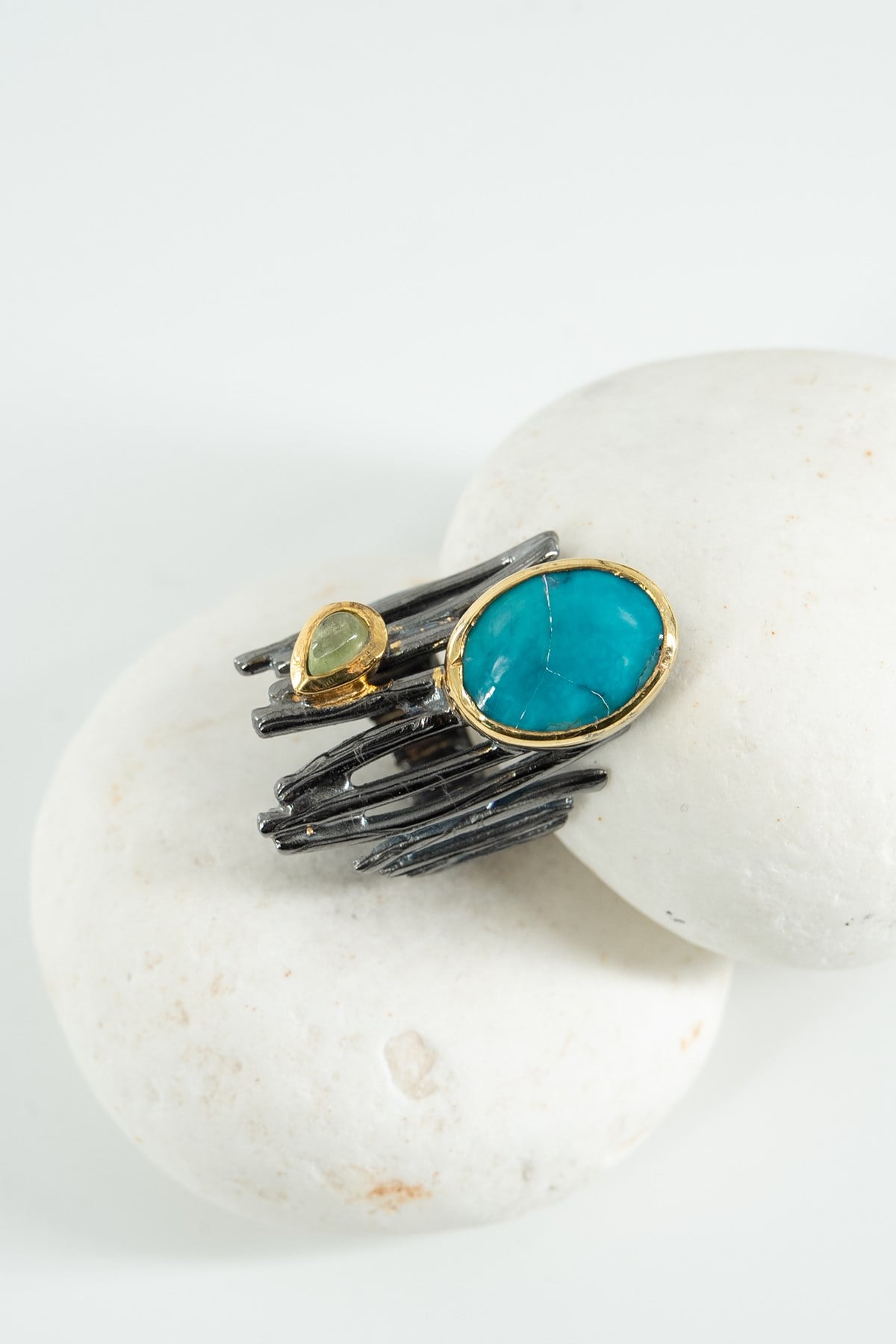 Turchese & Tormalina con Pietra Argento Anello