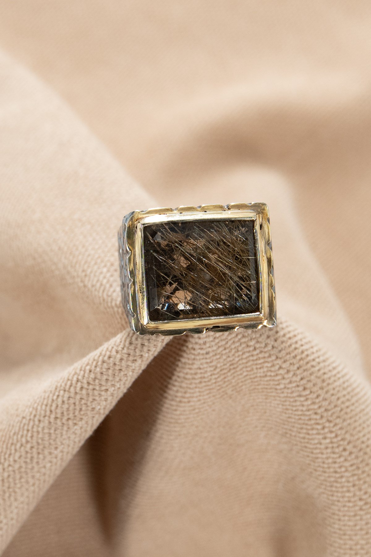 Gold Black Rutil Quartz Gümüş Yüzük