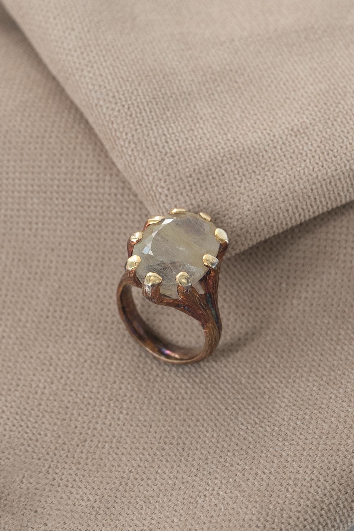 Rutilo Dorato Quarzo con Pietra Argento Anello
