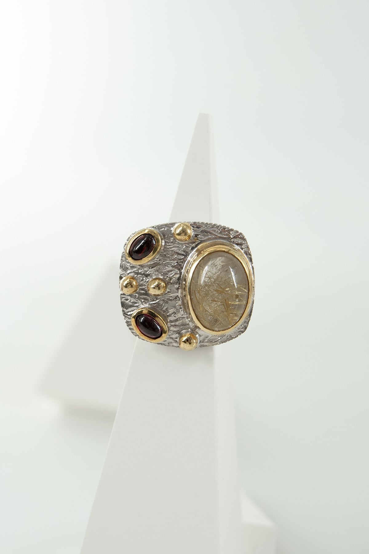Rutilo Dorato Quarzo & Granato con Pietra Argento Anello