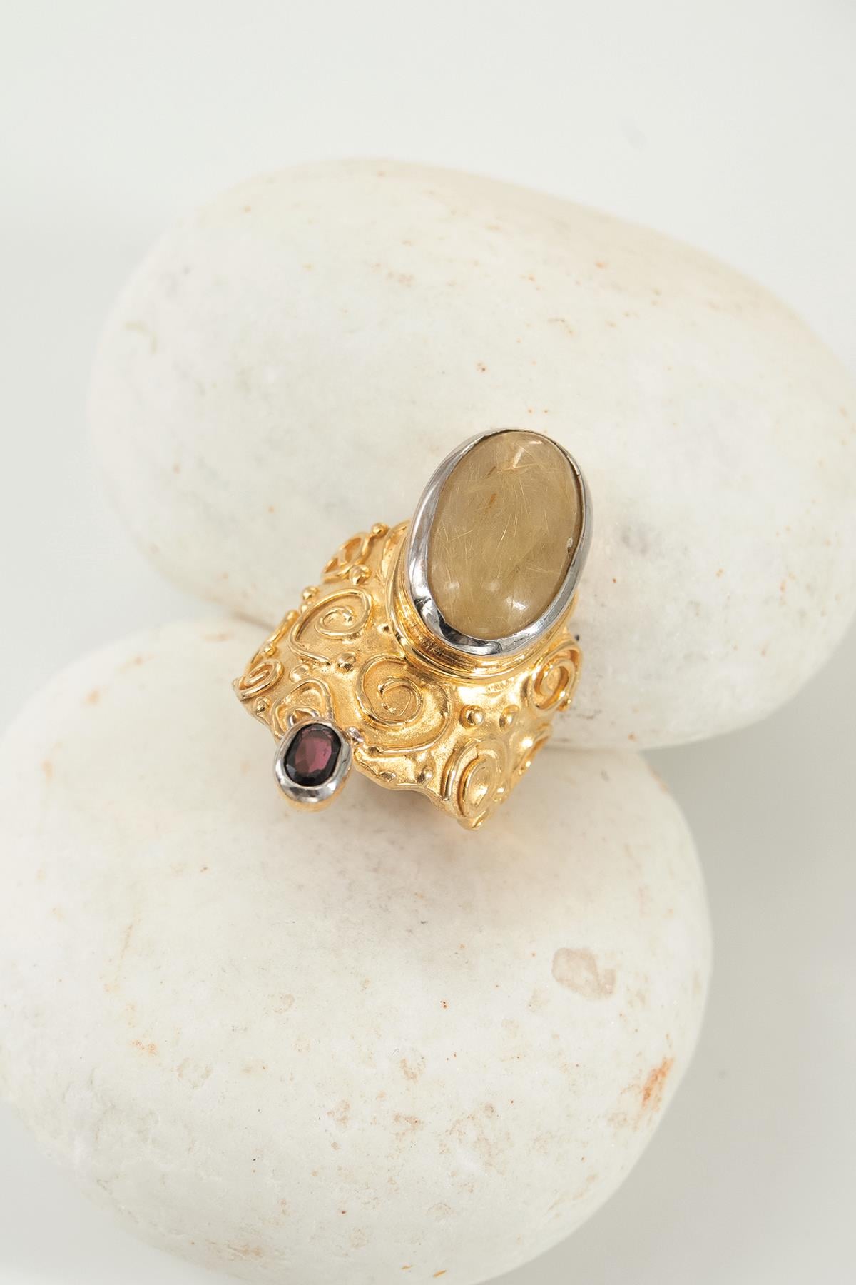 Rutilo Dorato Quarzo & Granato con Pietra Argento Anello