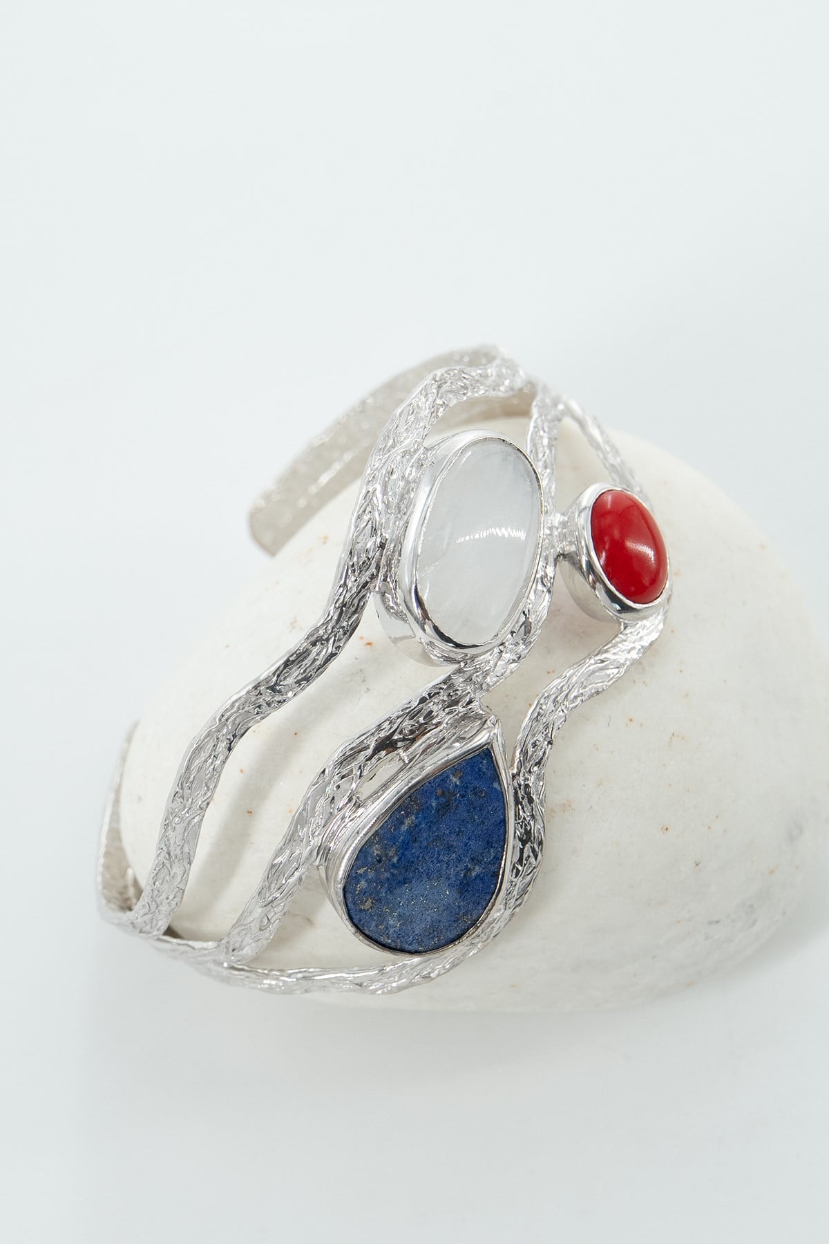 Lapis Lazuli, Ay Taşı, Mercan Taşlı Gümüş Bileklik