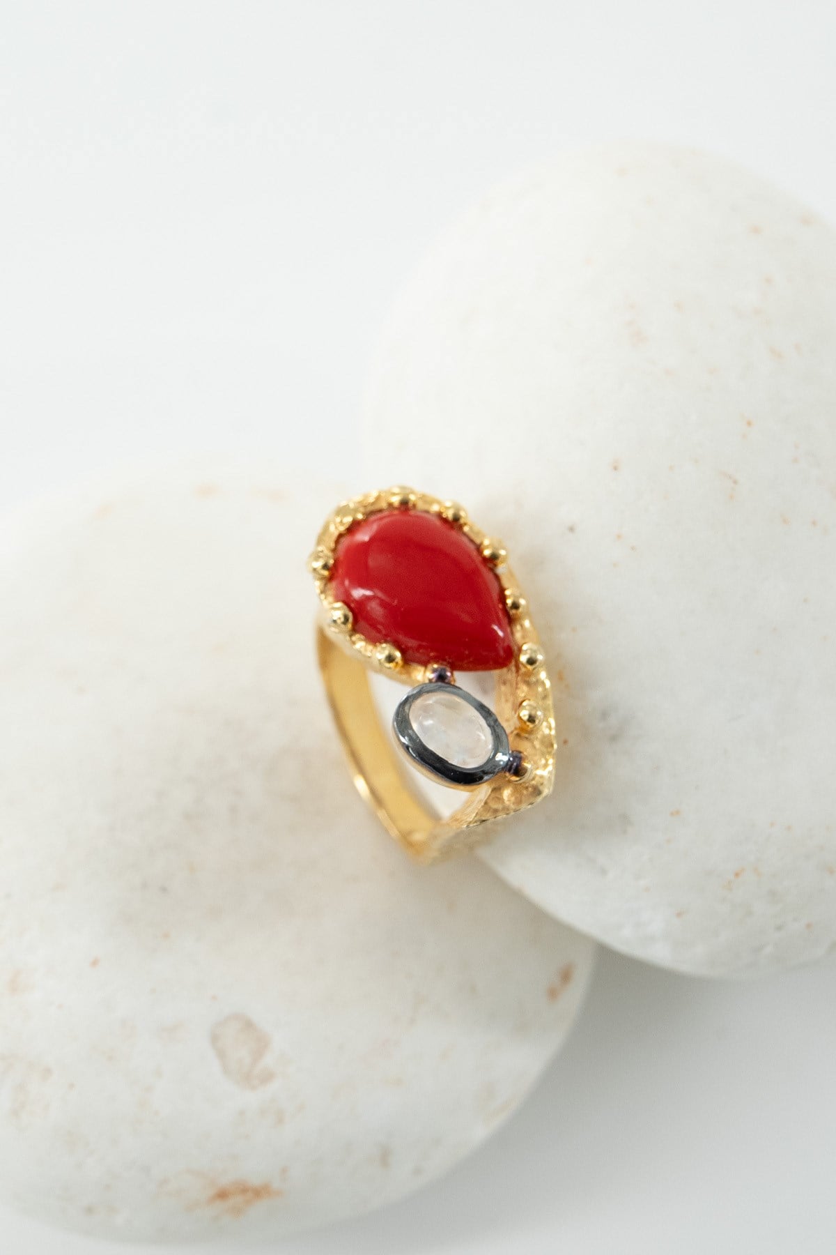 Corallo & Pietra di Luna con Pietra Argento Anello